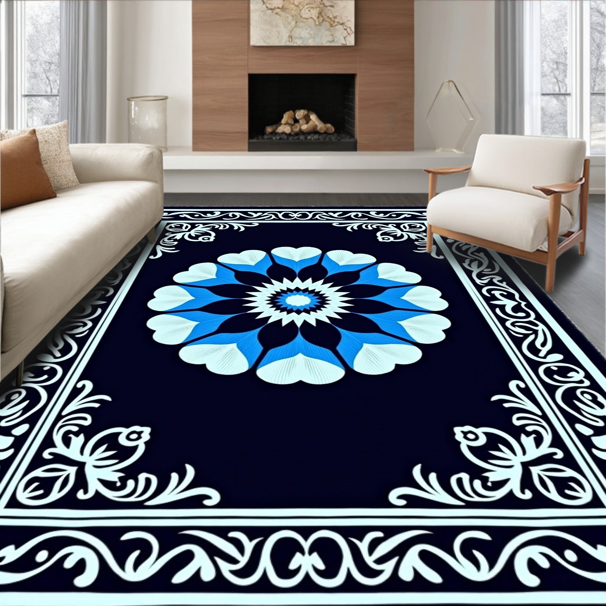 Navy Blue Bloom Medallion Border Rug