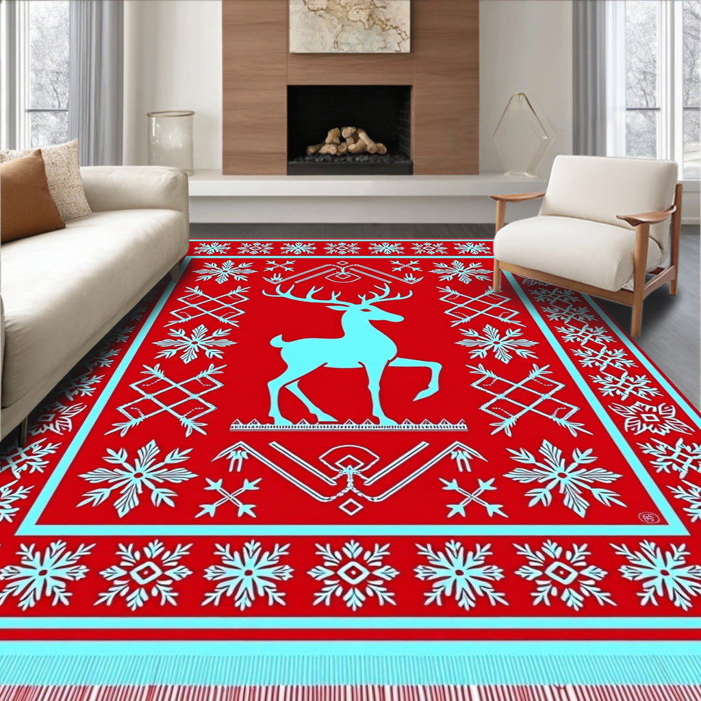Crimson Sky Blue Reindeer Snowflake Borders Rug