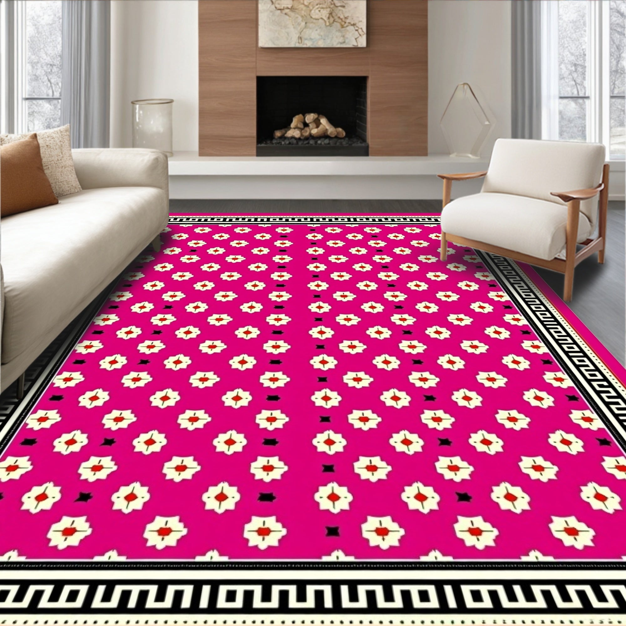 Pink Floral With Black Greek Border Rug