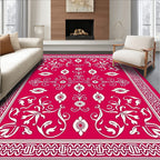 Vibrant Red Floral Vines Border Rug