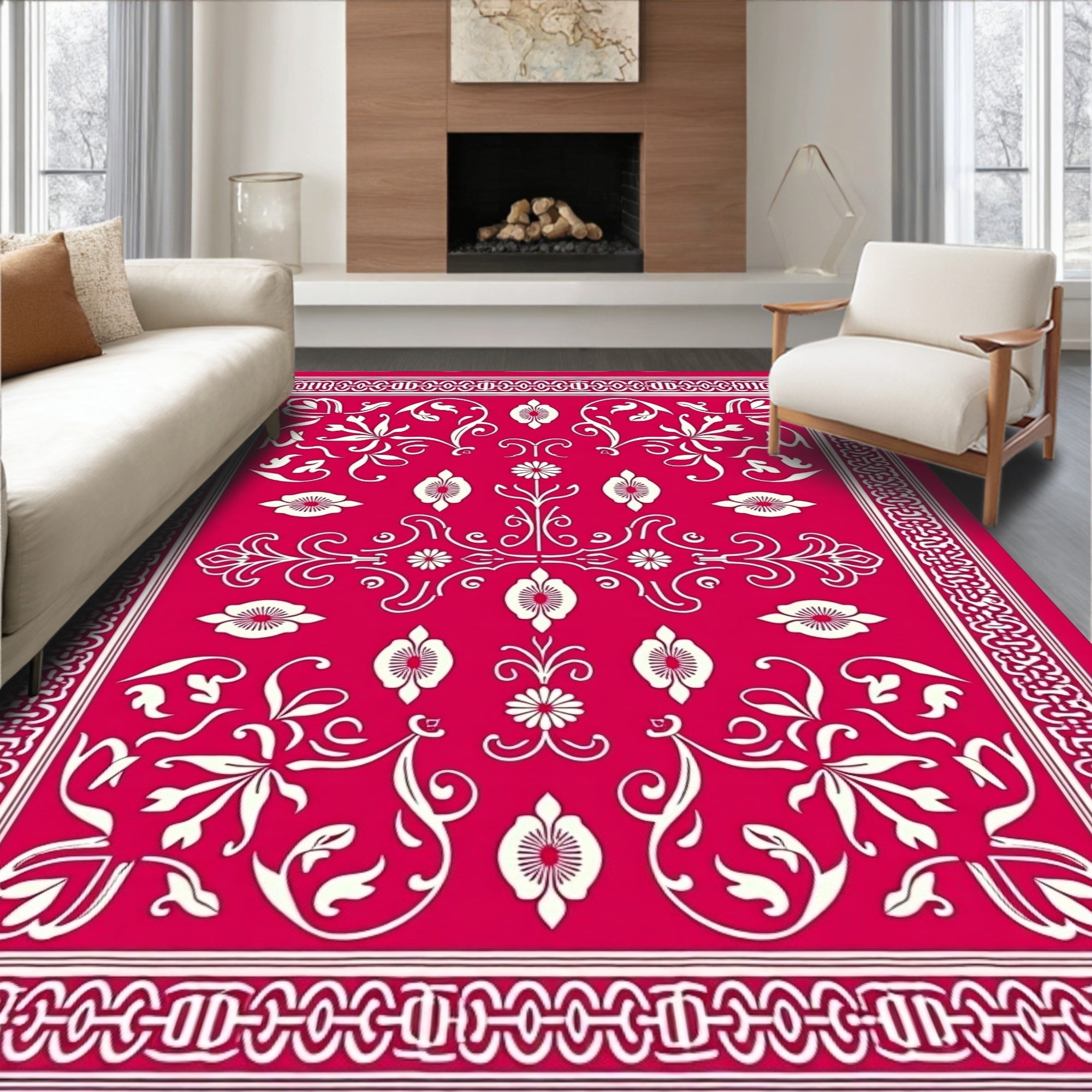 Vibrant Red Floral Vines Border Rug