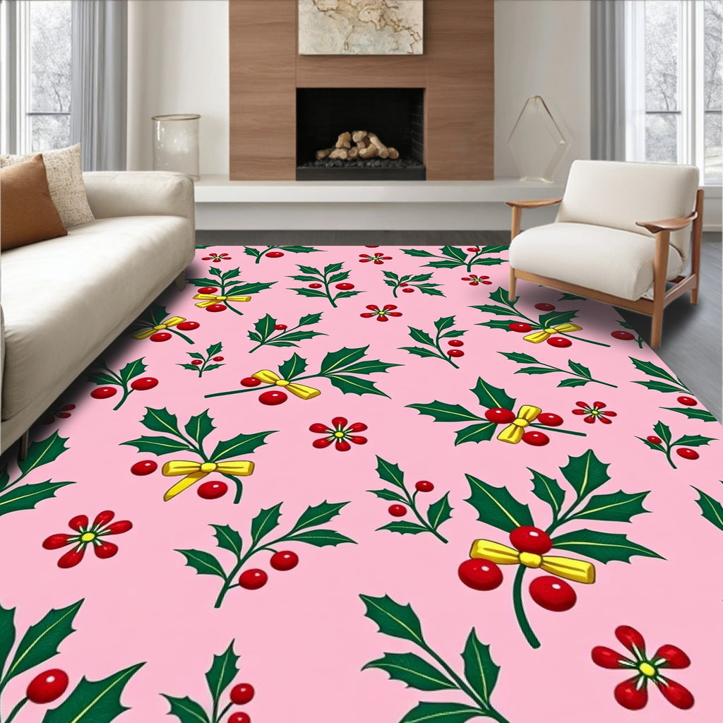 Pink Holly Berry Bow Festive Christmas Rug