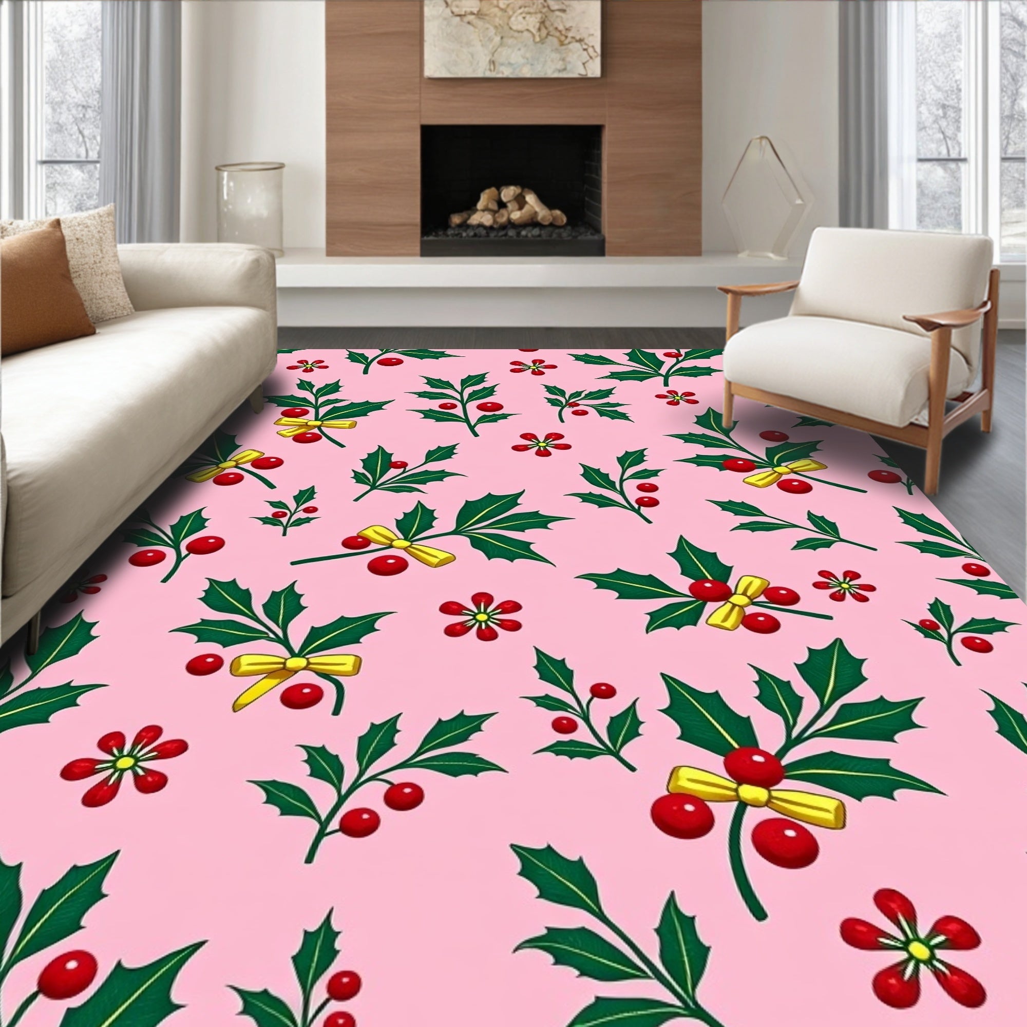 Pink Holly Berry Bow Festive Christmas Rug