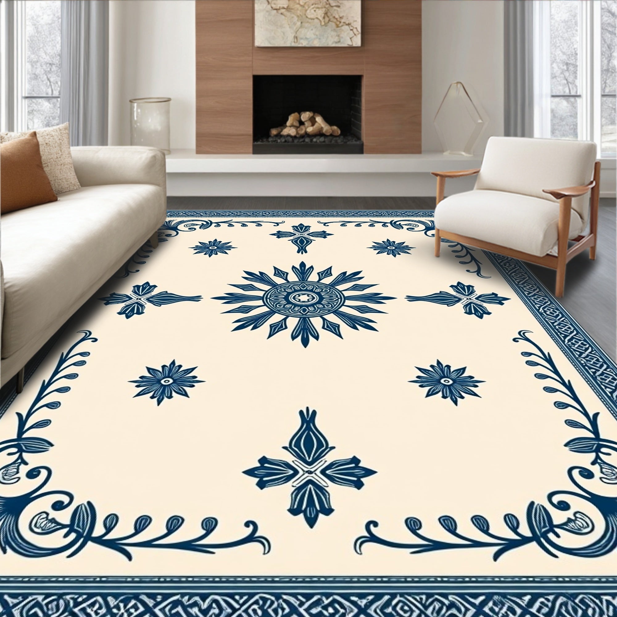 Deep Blue Sun Medallion Floral Border Rug