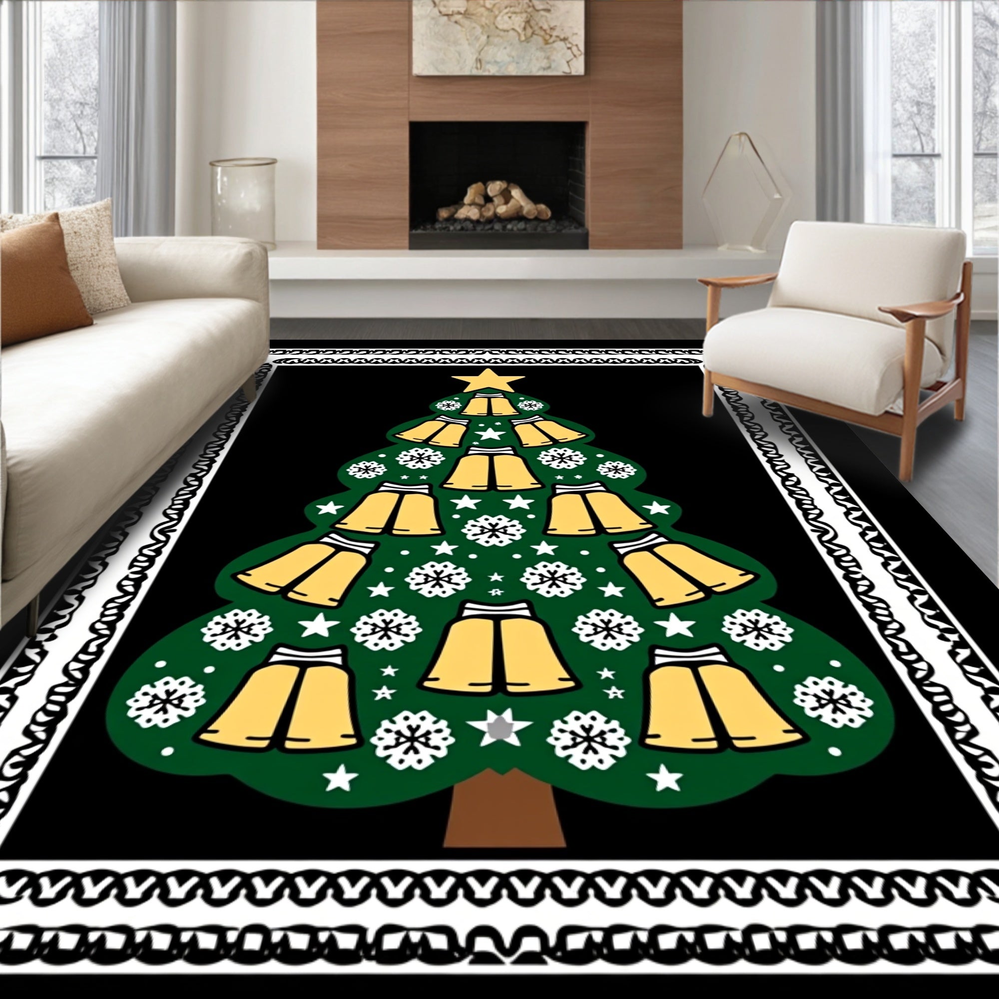 Green Christmas Tree Bell Snowflakes Rug