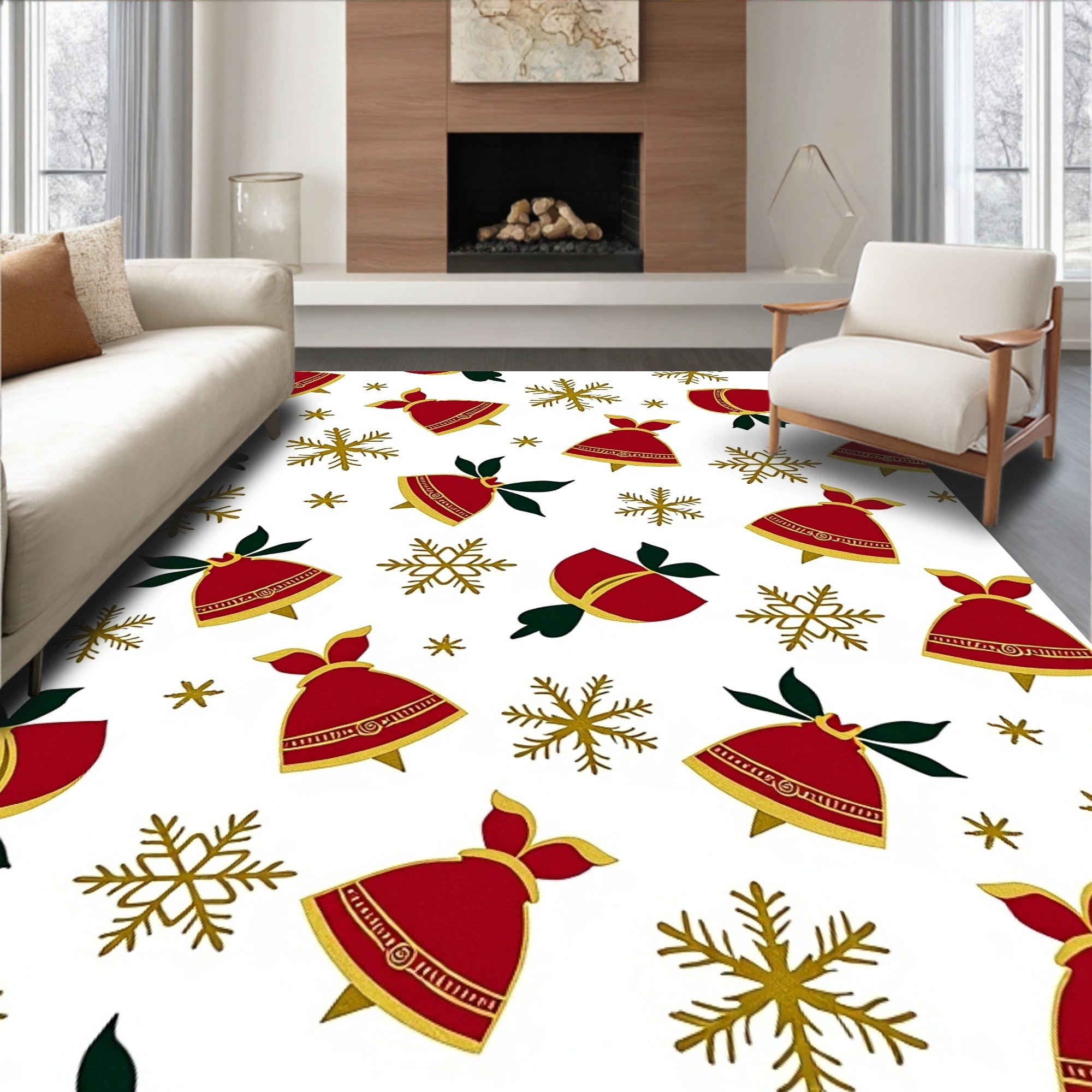 Red Gold Festive Bells And Snowflakes Rug