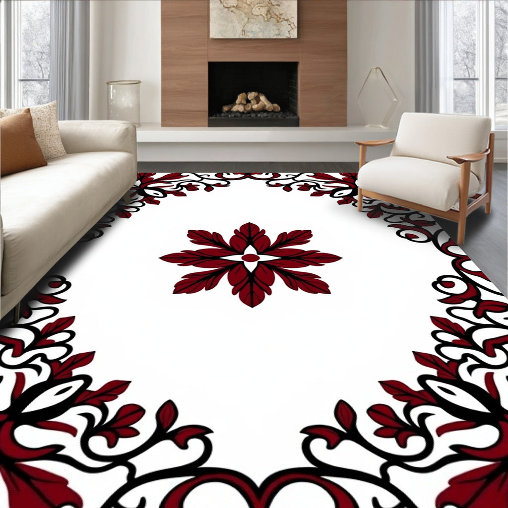 Deep Red Floral Swirl Medallion Rug
