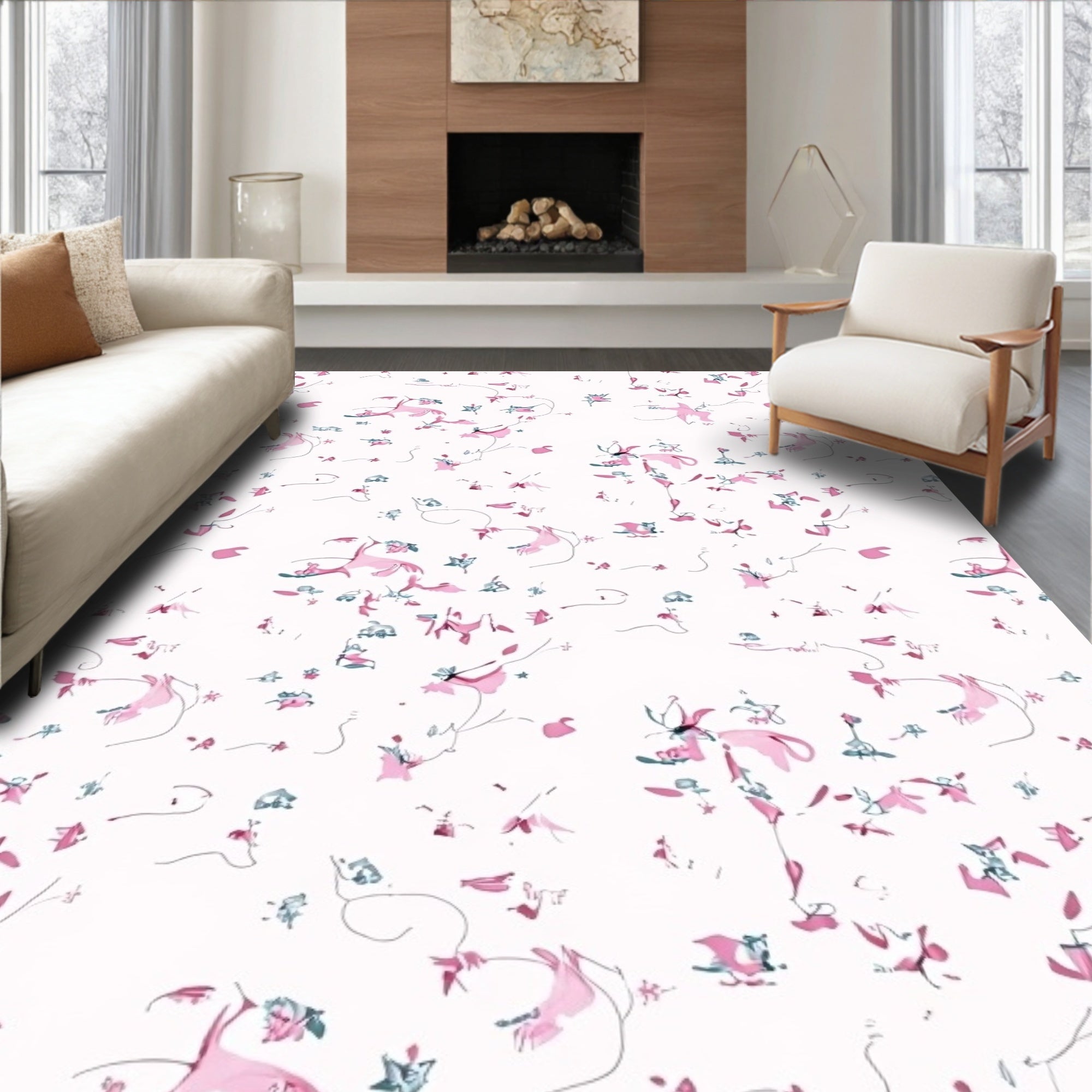 Whimsical pink and blue floral scatter Rug