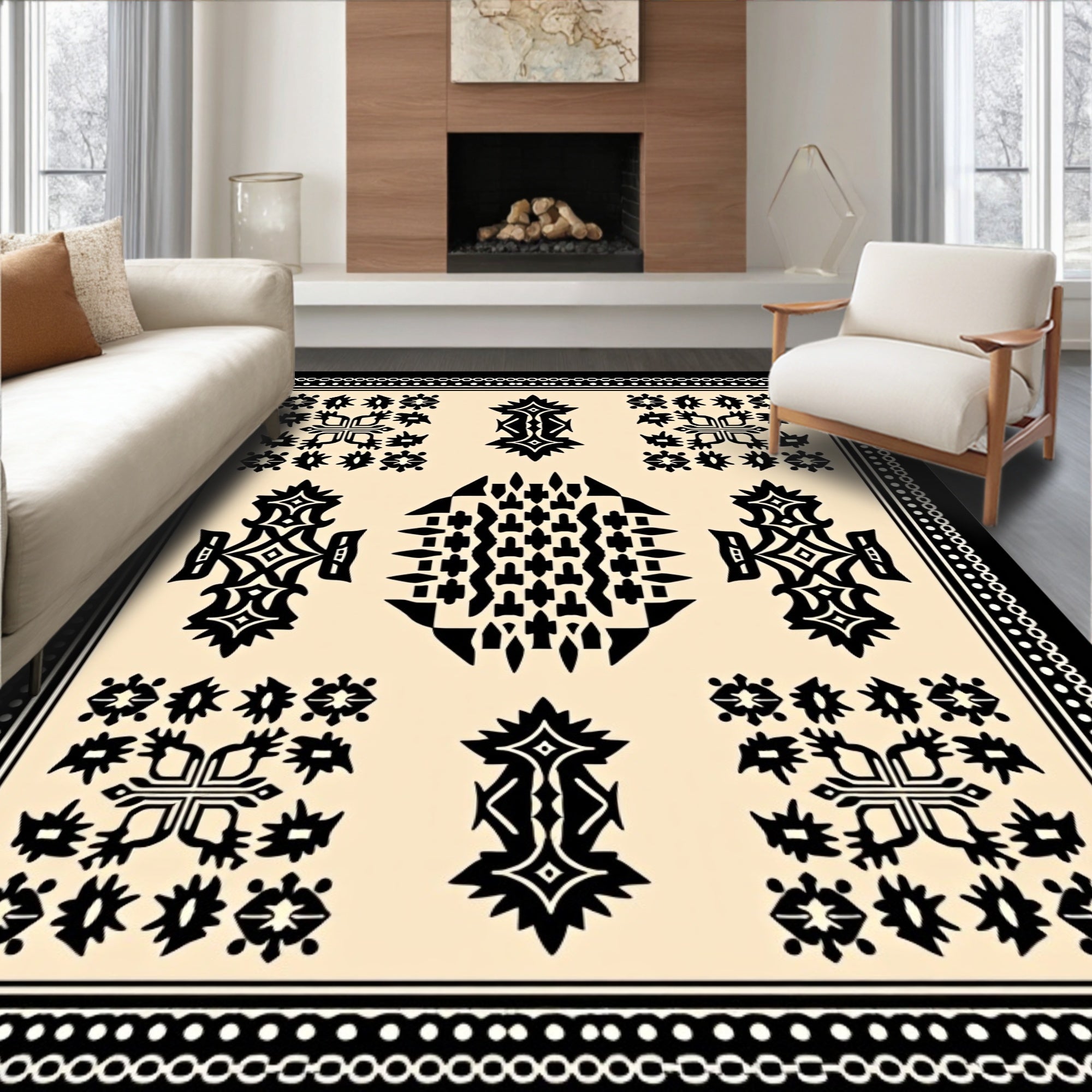 Black and Beige Central Medallion Abstraction Rug