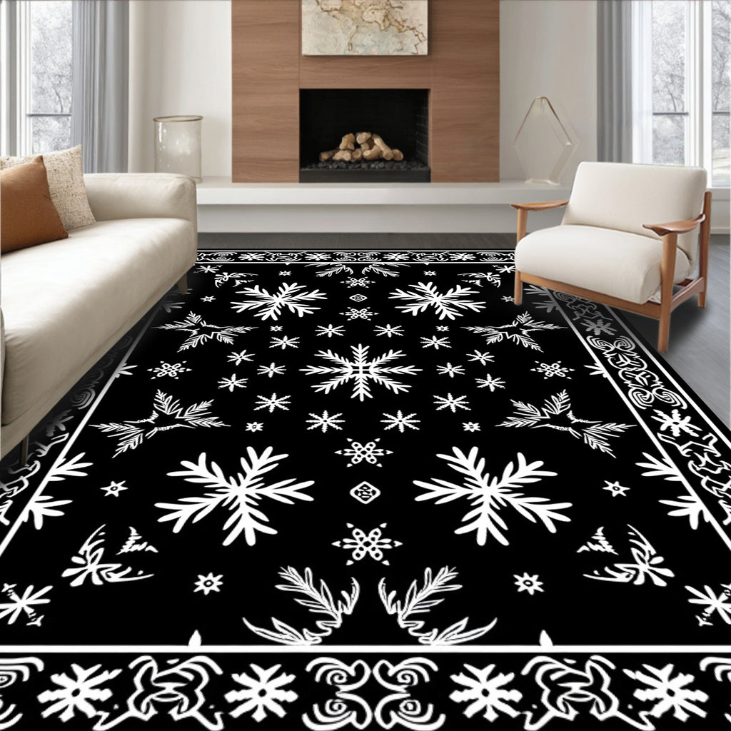 Black White Snowflake Winter Charm Rug