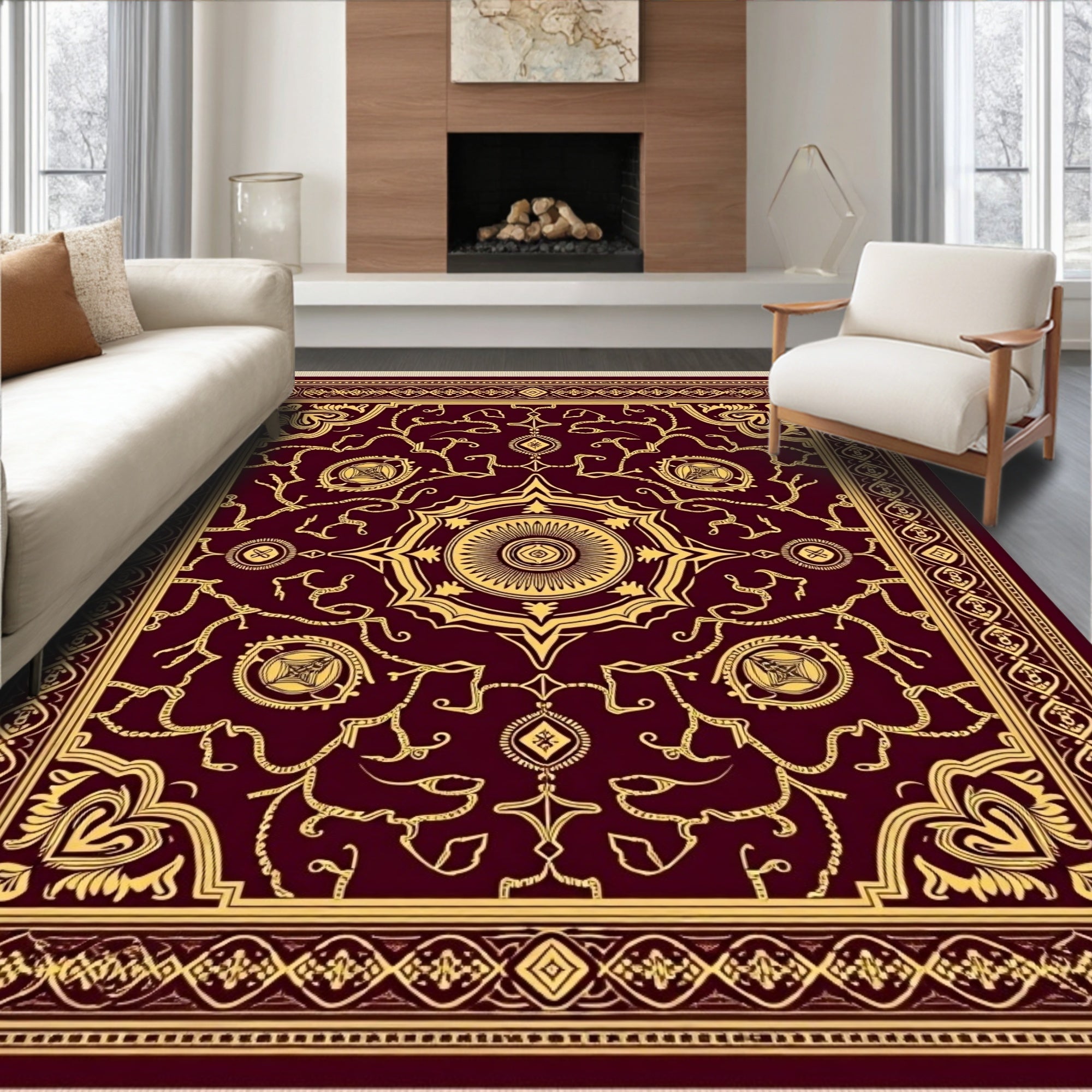 Ornate Burgundy Gold Floral Medallion Rug