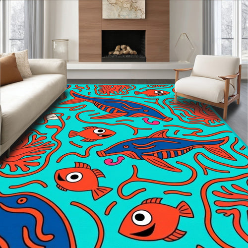 Aqua Blue Whimsical Coral Fish Rug