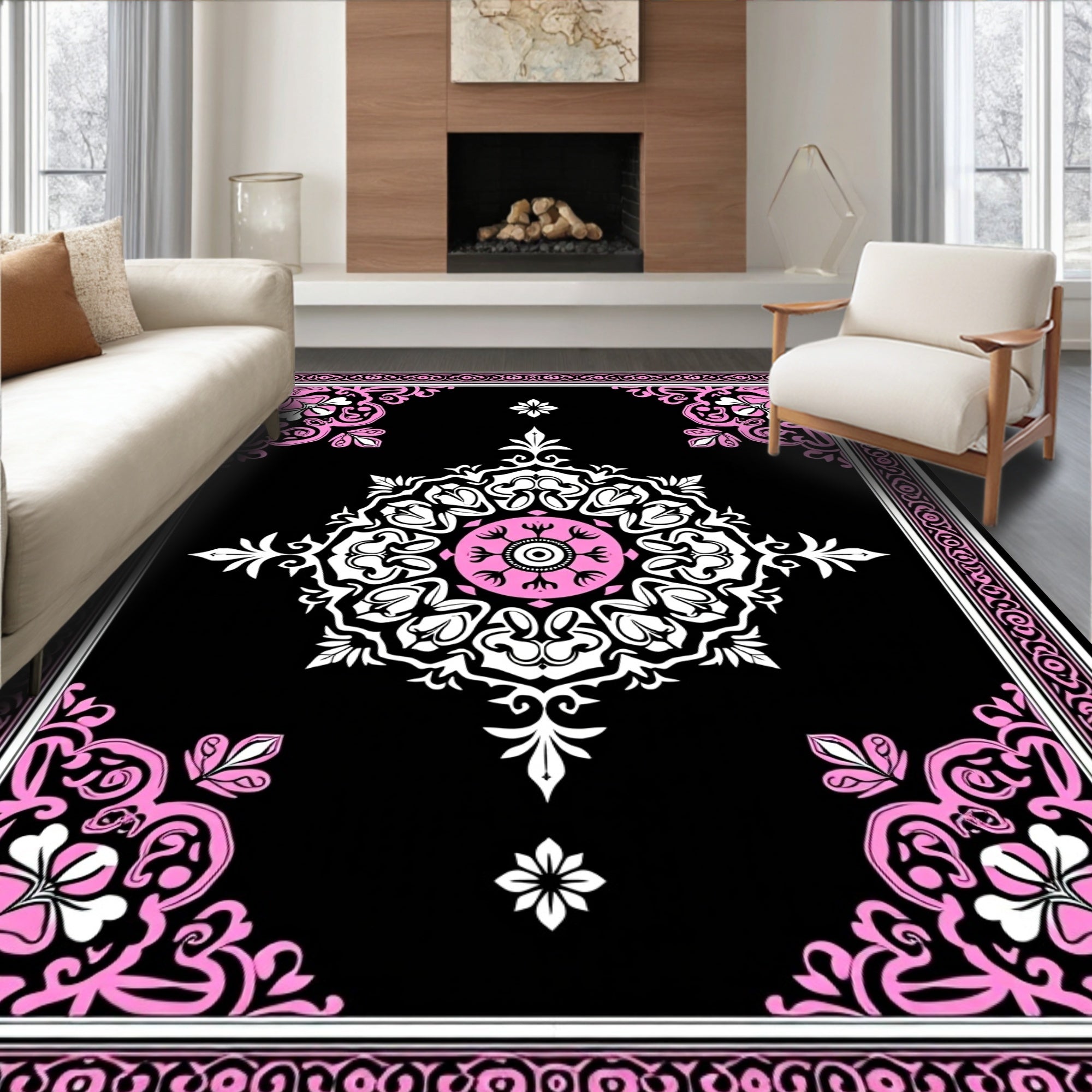 Black Pink Floral Medallion Border Rug