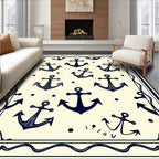 Navy Anchor Nautical Cream Border Rug