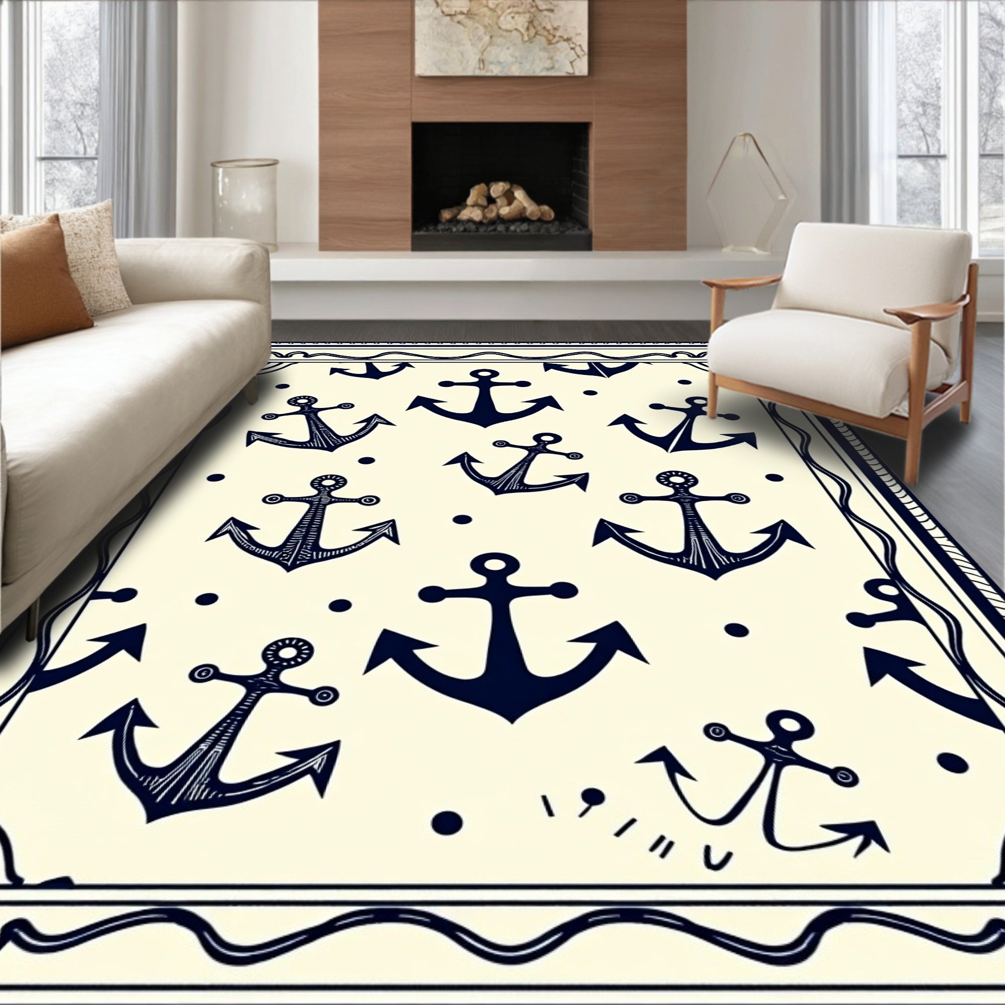 Navy Anchor Nautical Cream Border Rug