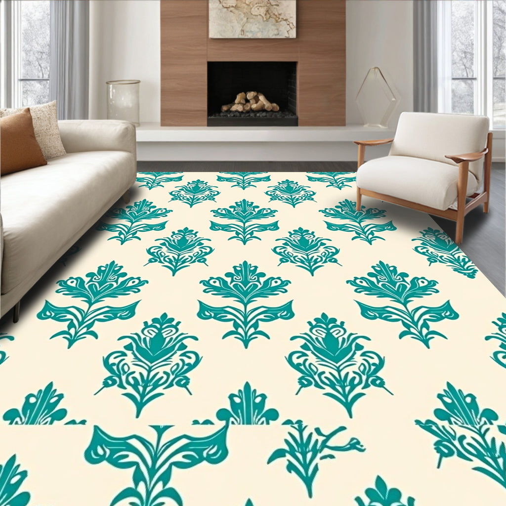 Teal Damask Floral Medallion Rug
