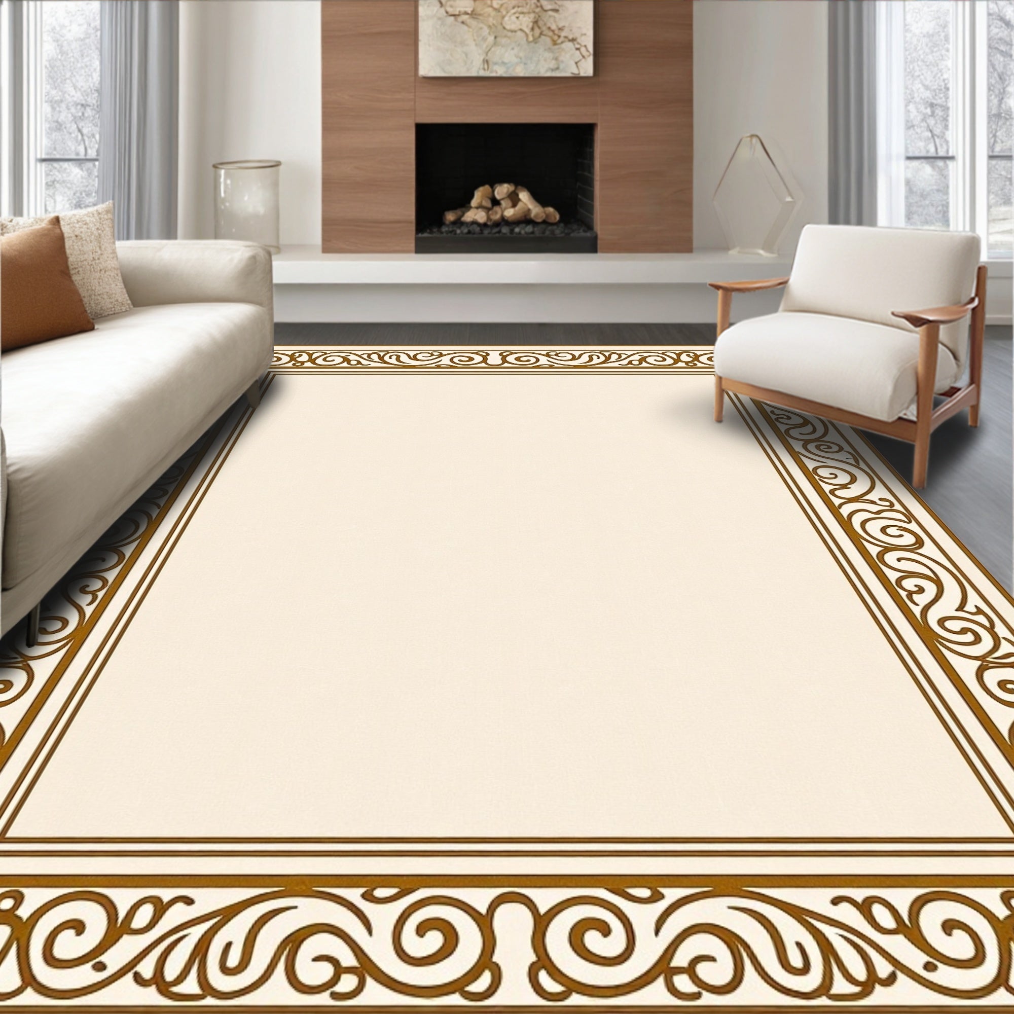 Classic Warm Ochre Scrollwork Border Rug