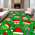 Green Christmas Cat Santa Hat Snowflakes Rug