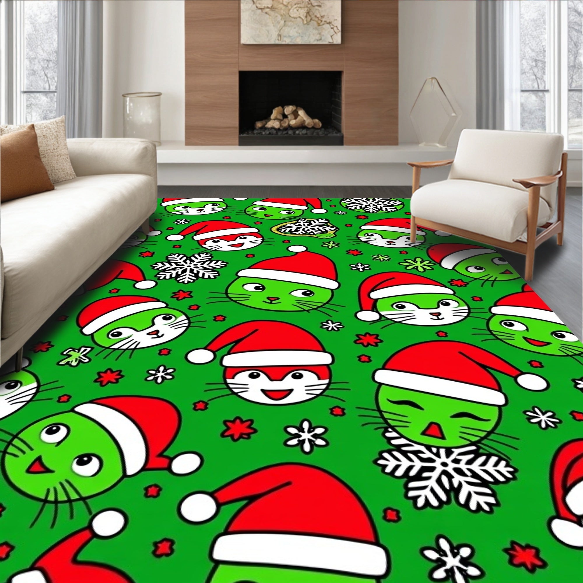 Green Christmas Cat Santa Hat Snowflakes Rug