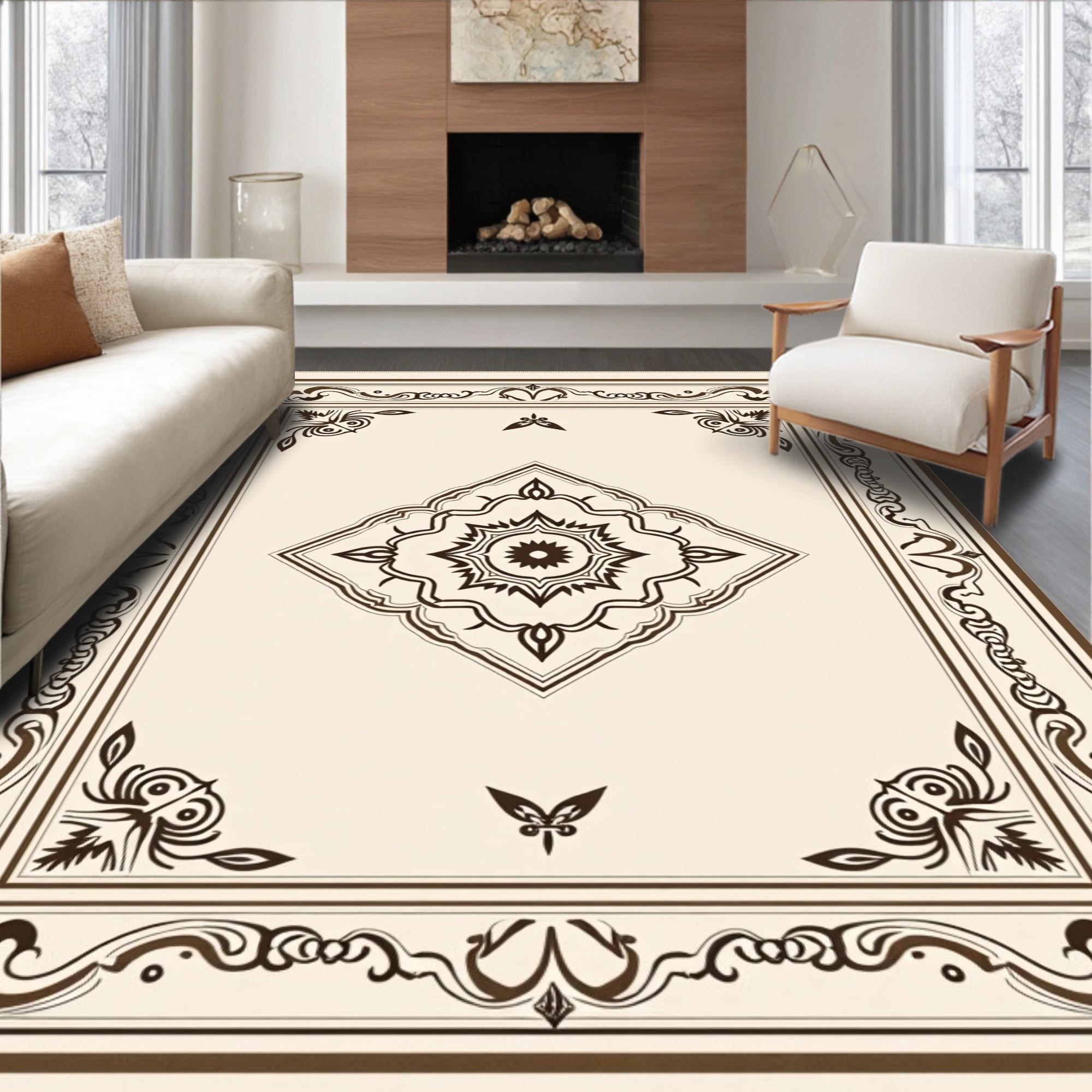 Cream and Brown Medallion Border Rug