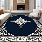 Cream Floral Medallion Navy Border Rug