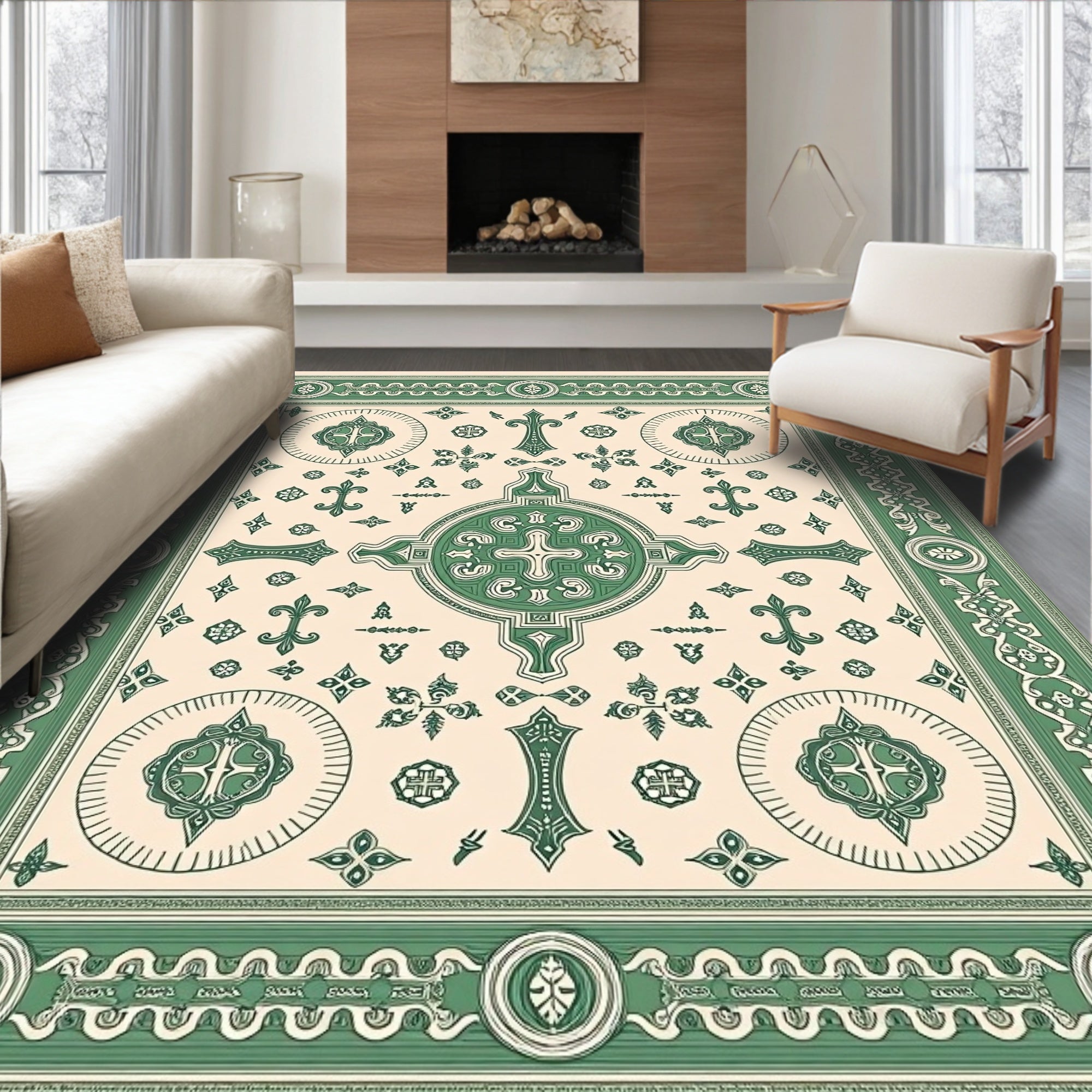 Green Cream Intricate Medallion Rug