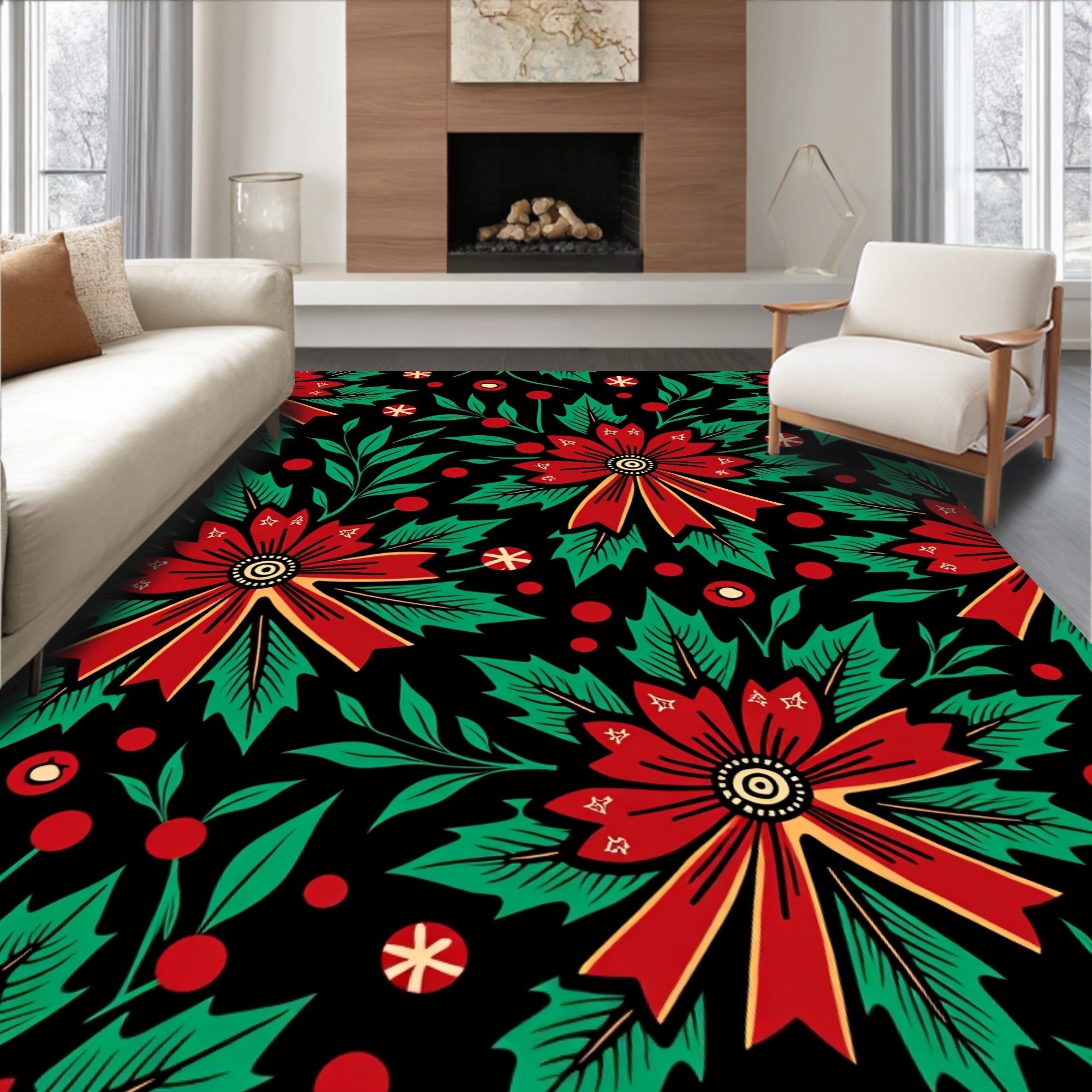 Bold Red Floral Holly Berry Rug