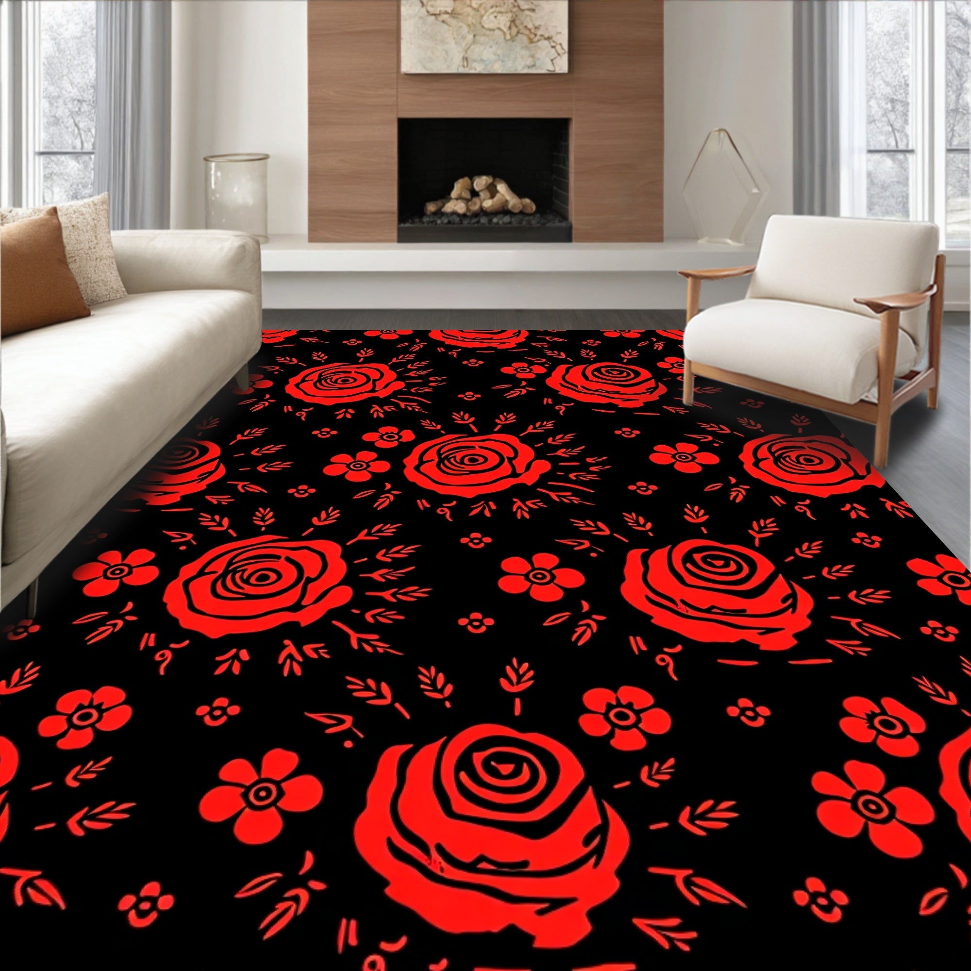Vibrant Red Rose Garden Repeat Rug
