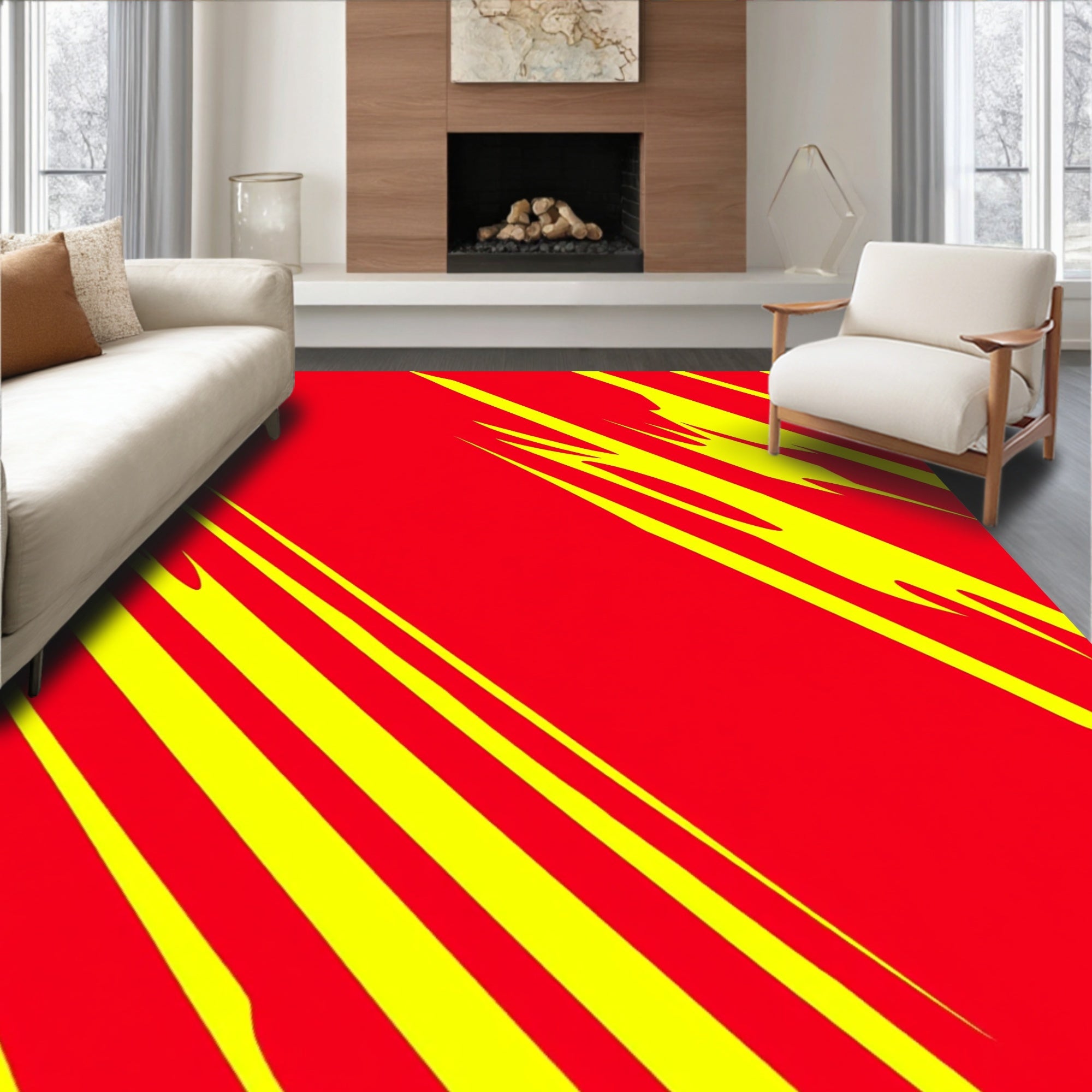 Crimson Yellow Slanted Jagged Stripes Rug