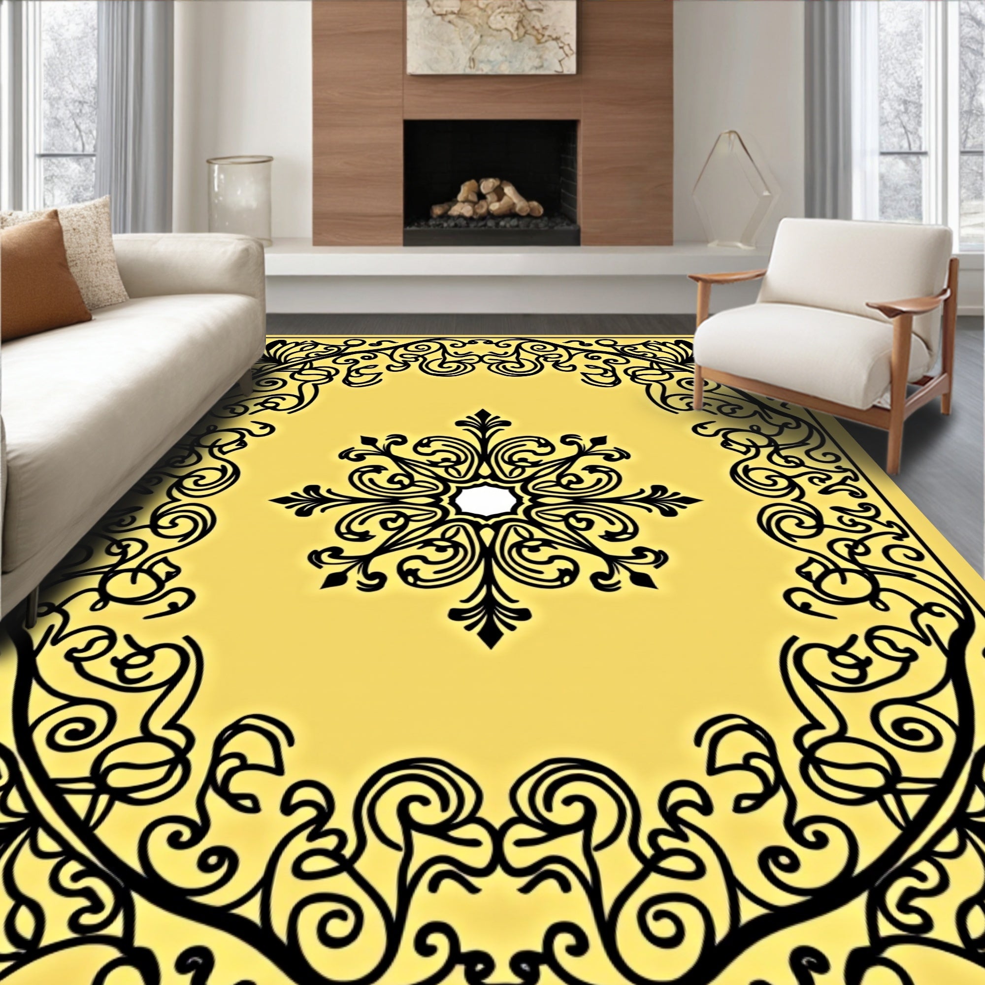 Yellow Black Scrollwork Medallion Frame Rug