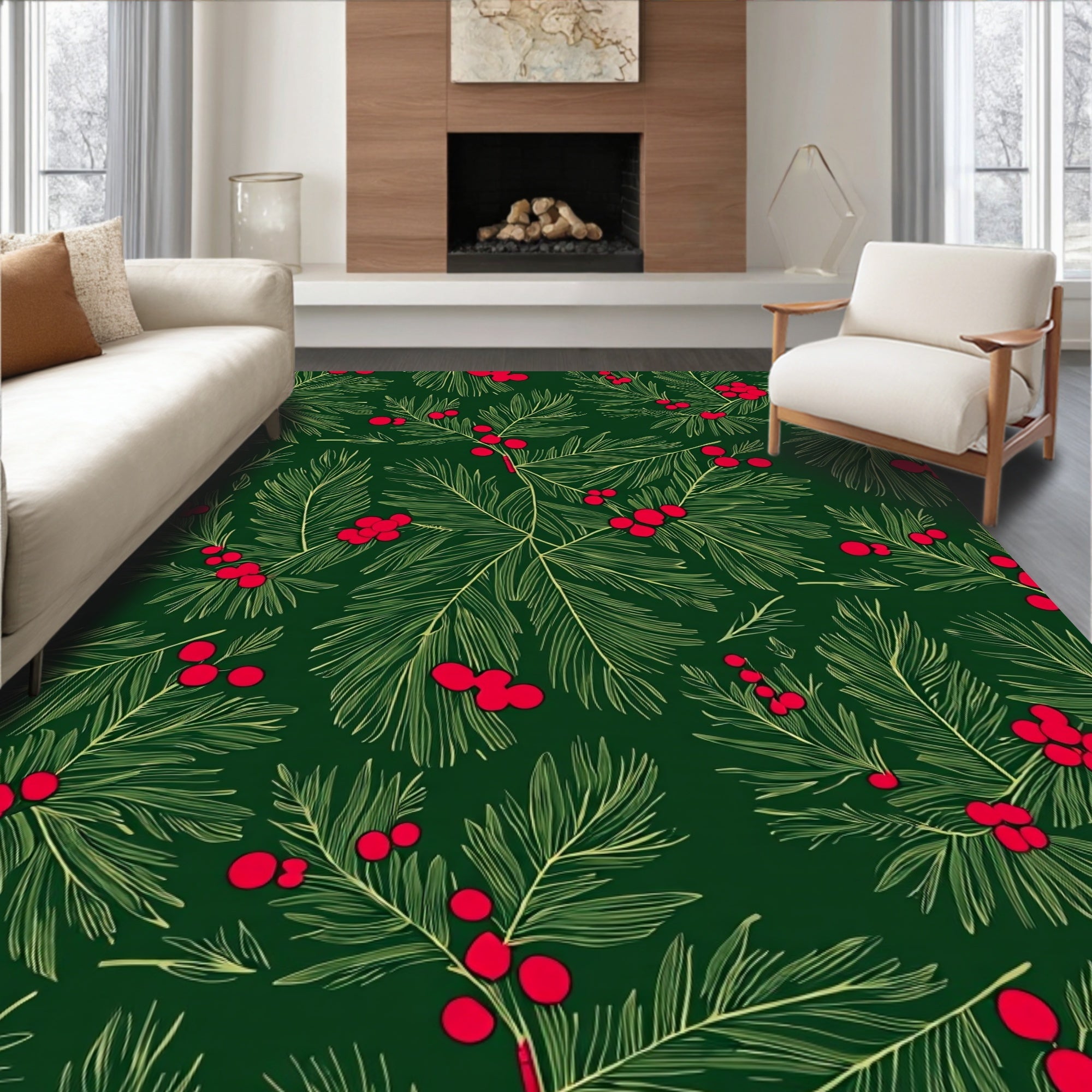 Evergreen Pine Red Berry Sprig Rug