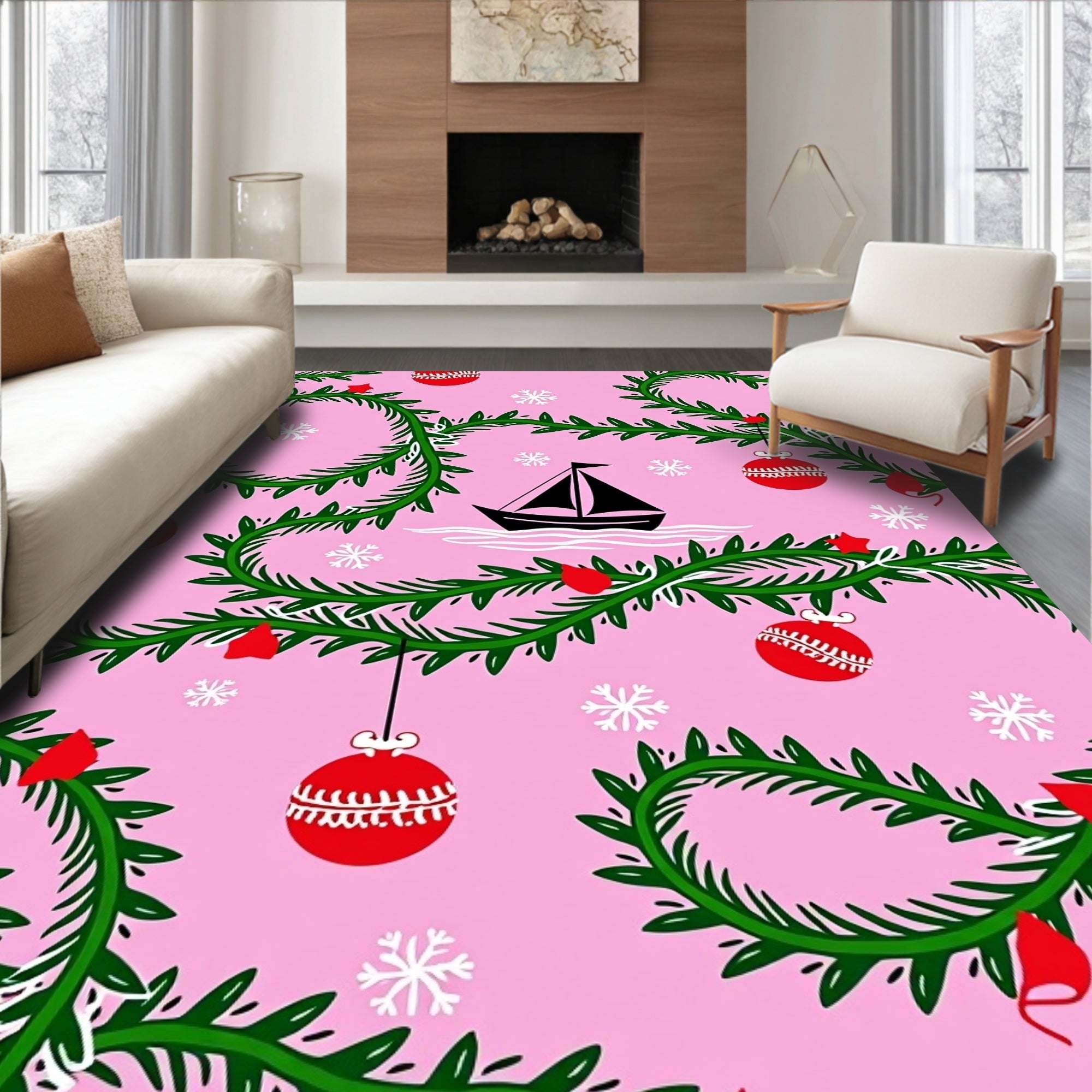 Pink Green Sailboat Christmas Garland Rug