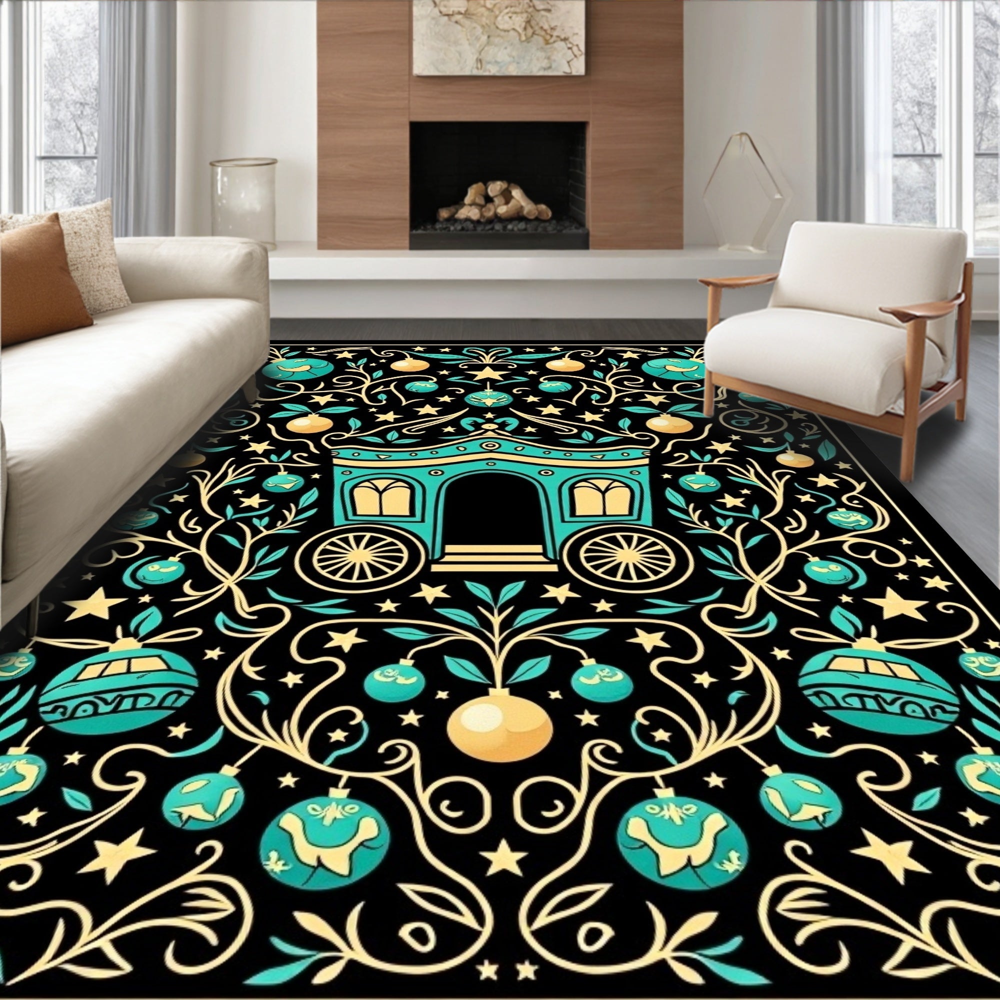 Teal Yellow Carriage Stars Swirl Rug