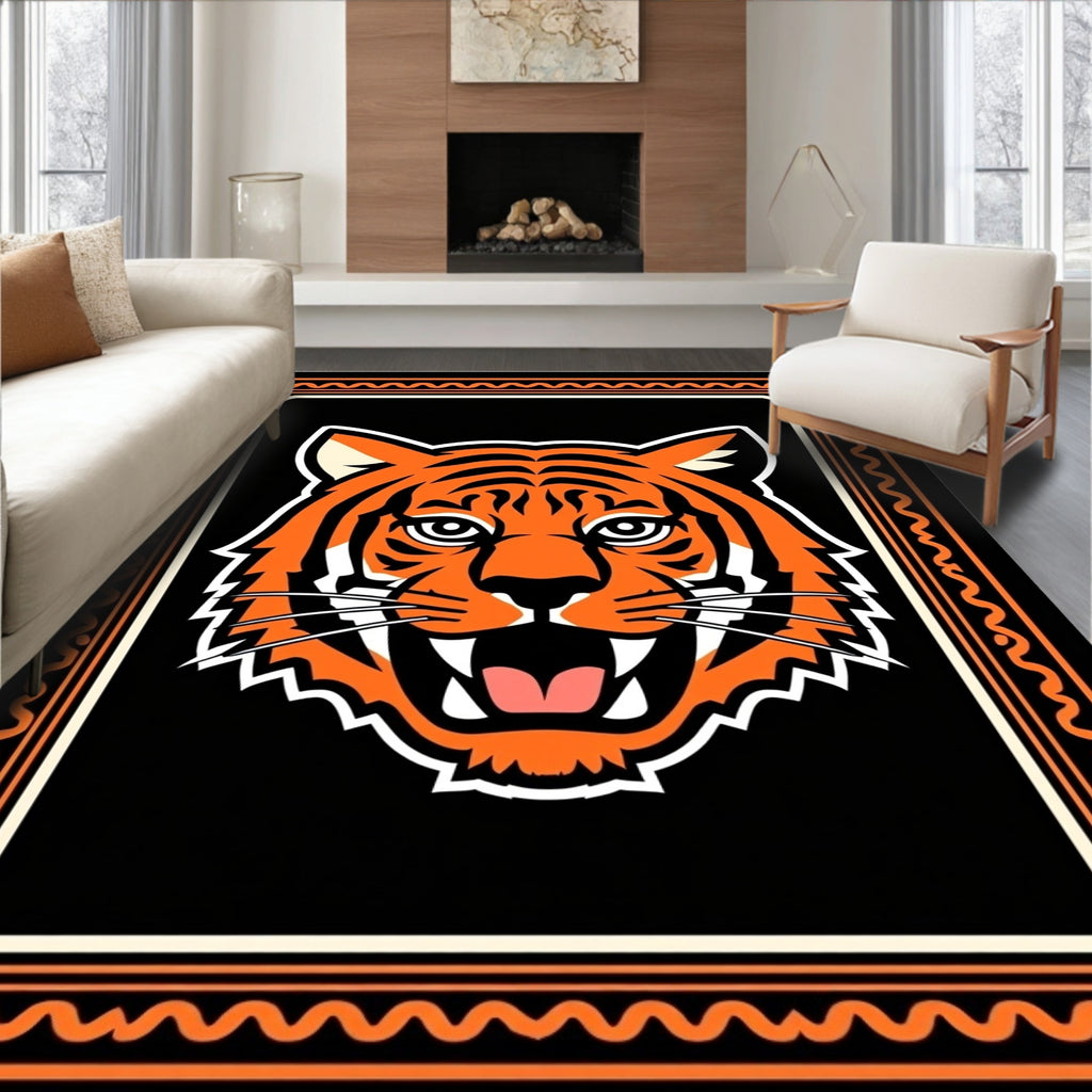 Powerful Orange Tiger Face Frame Rug