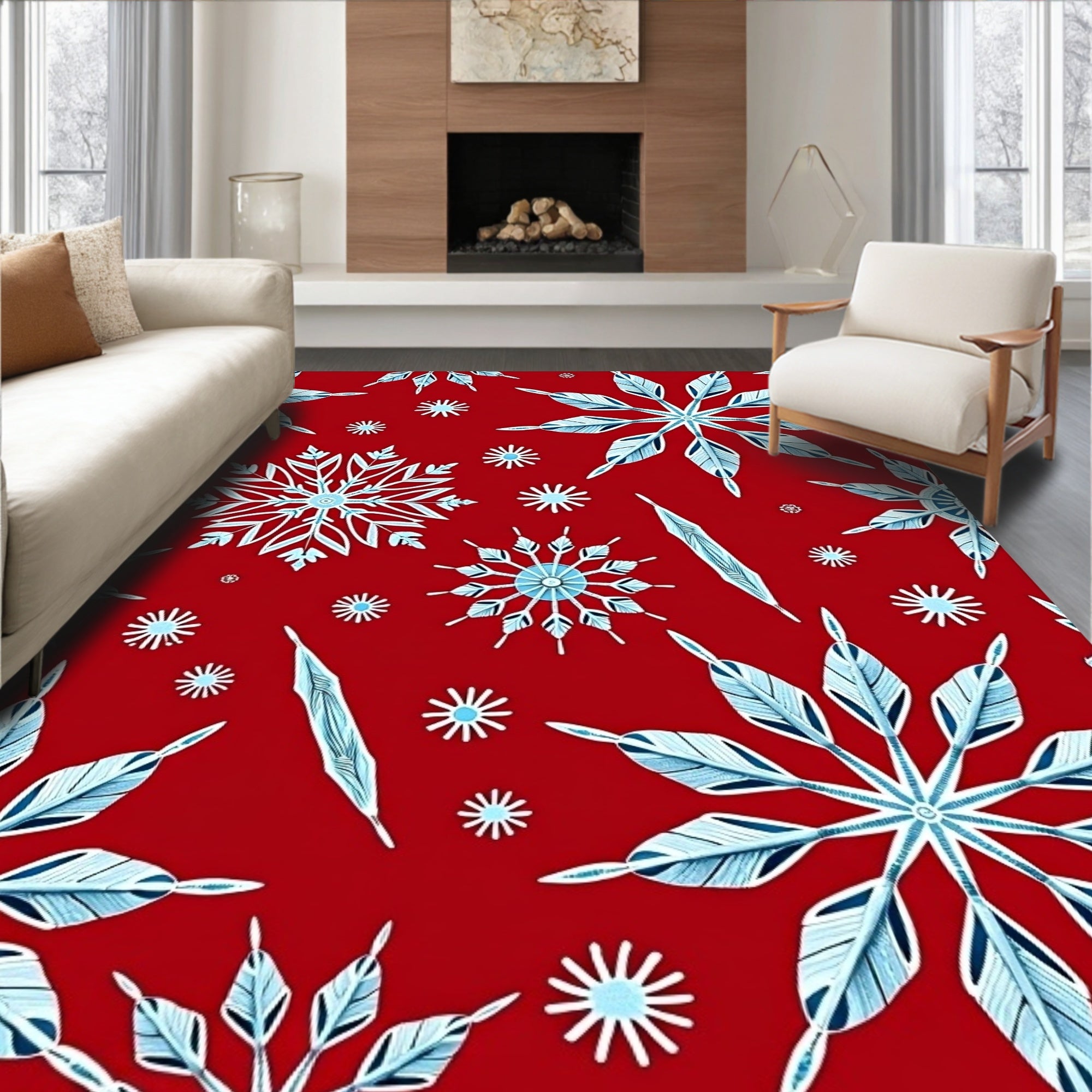 Crimson Red Snowflake Winter Icicle Rug