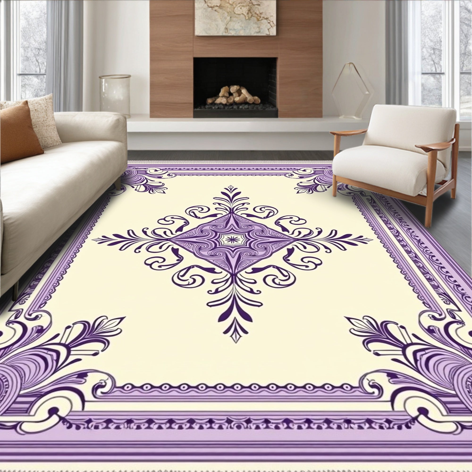 Lavendar Scrolls Cream Medallion Rug