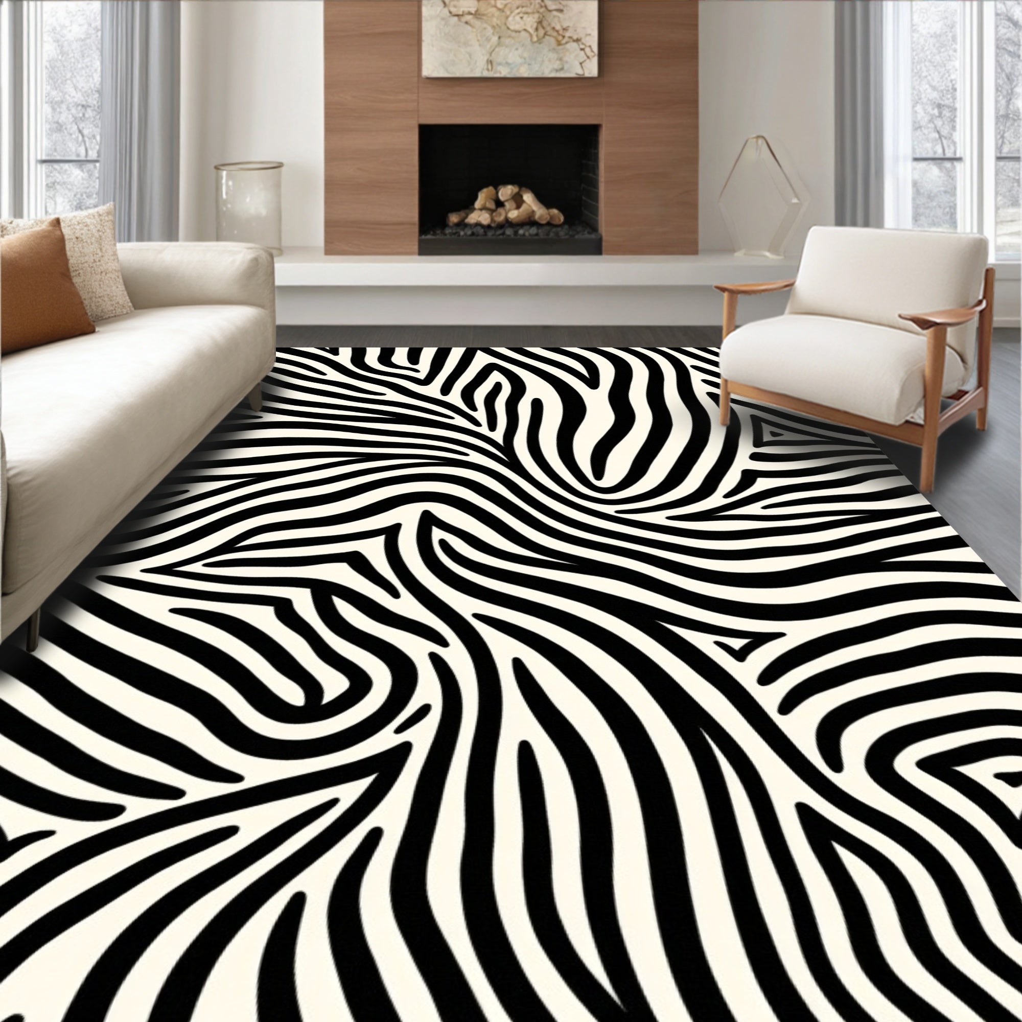 Striking Black White Animalistic Strokes Rug