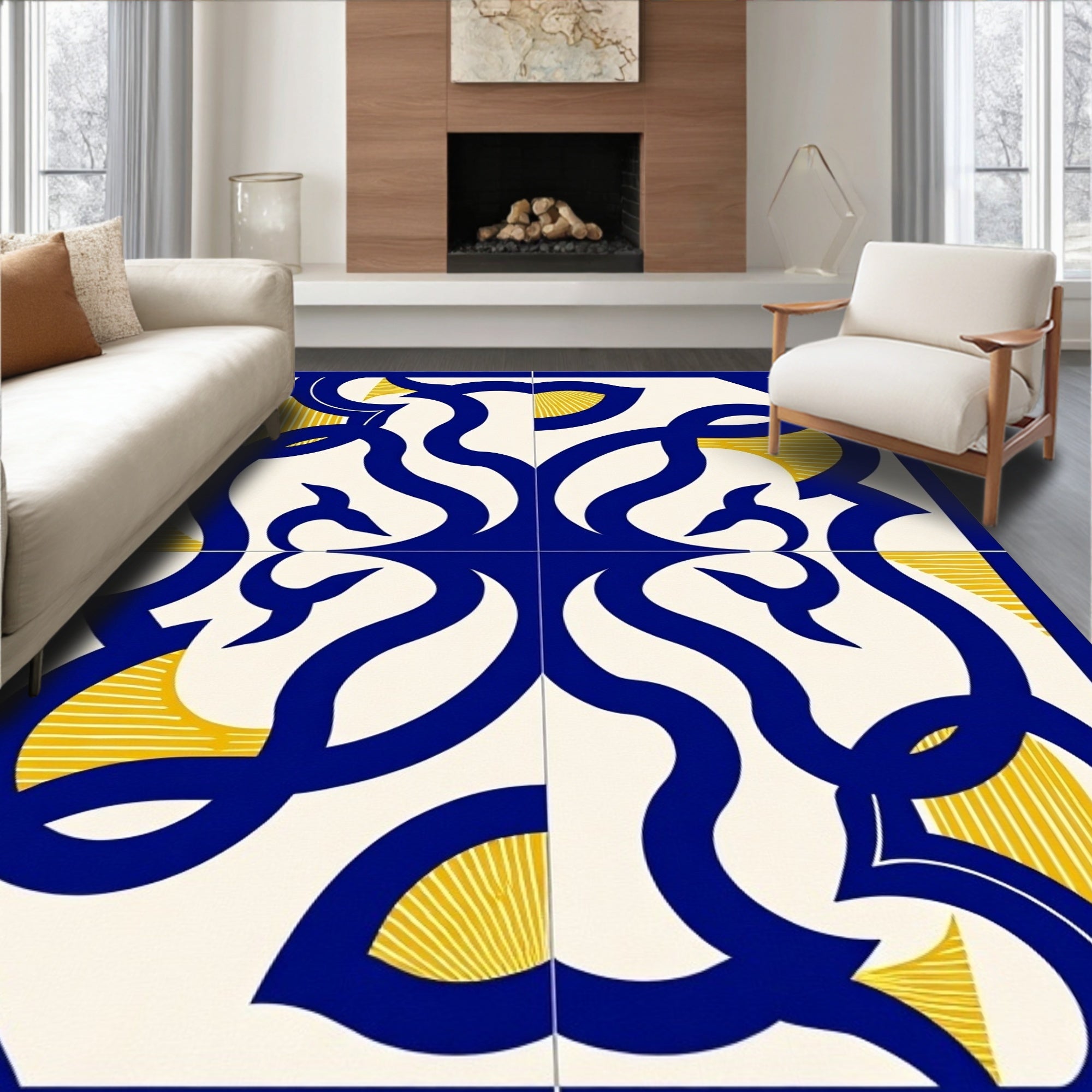 Navy and Gold Baroque Filigree Rug