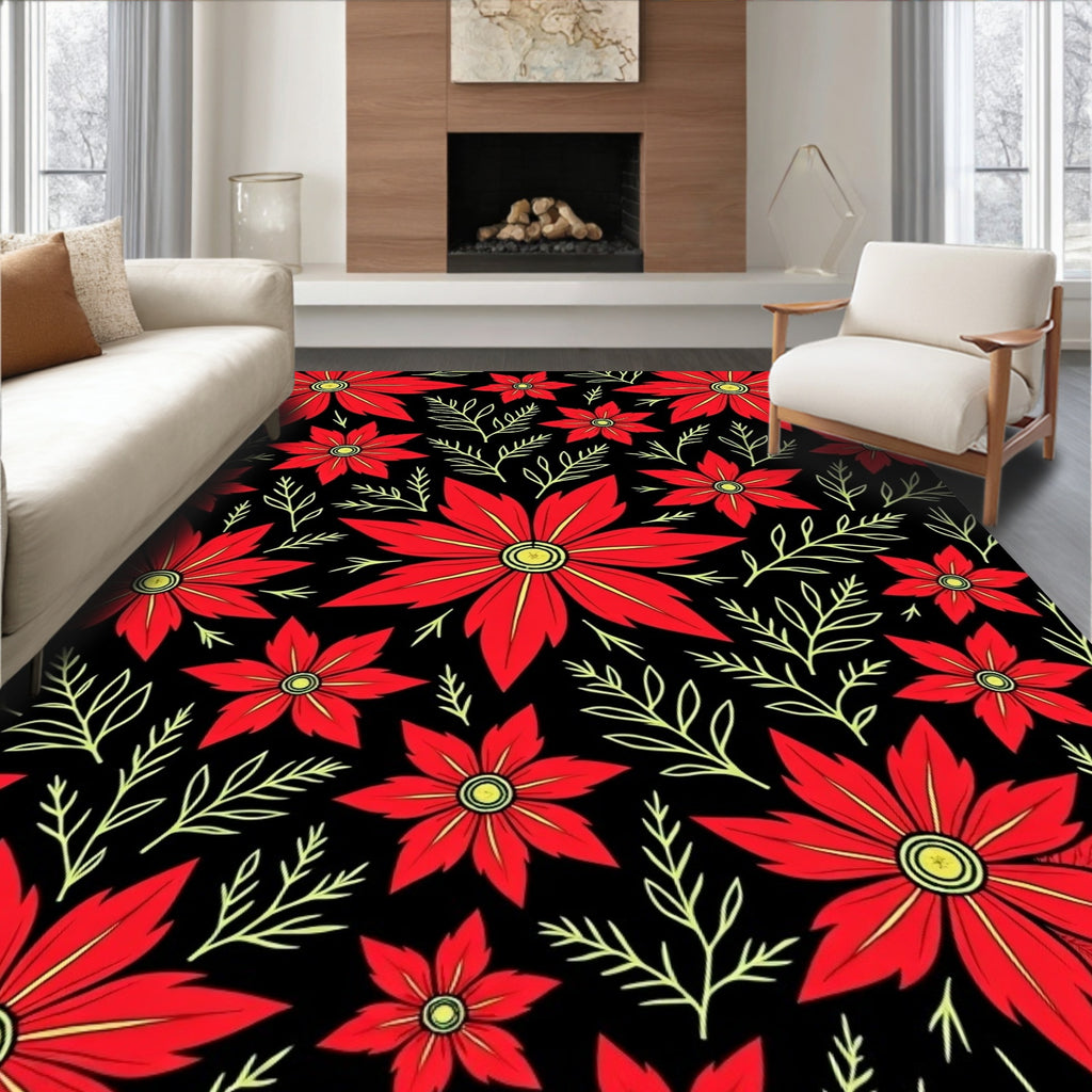 Vivid Red Blossom Black Garden Rug