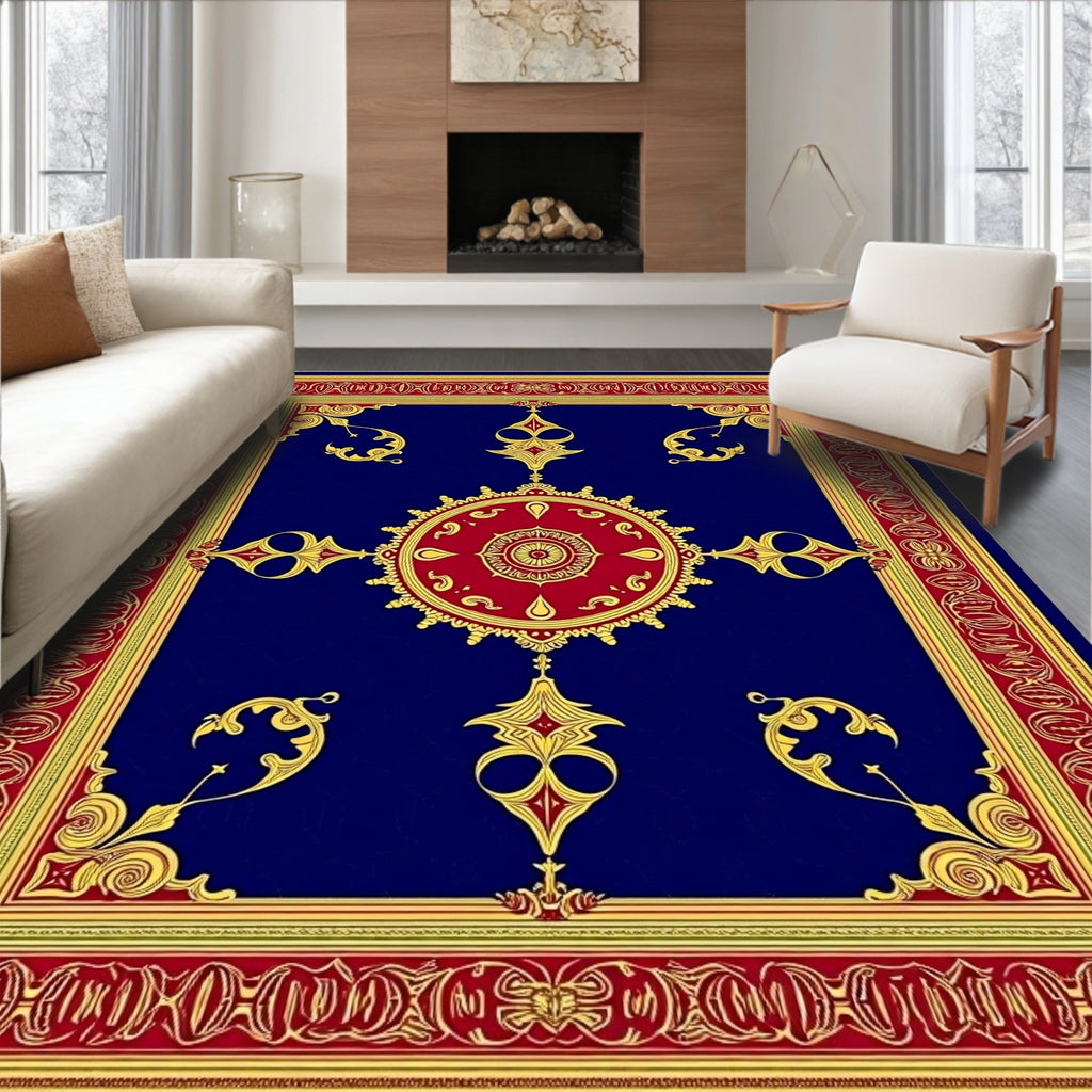 Royal Blue Red Gold Medallion Border Rug