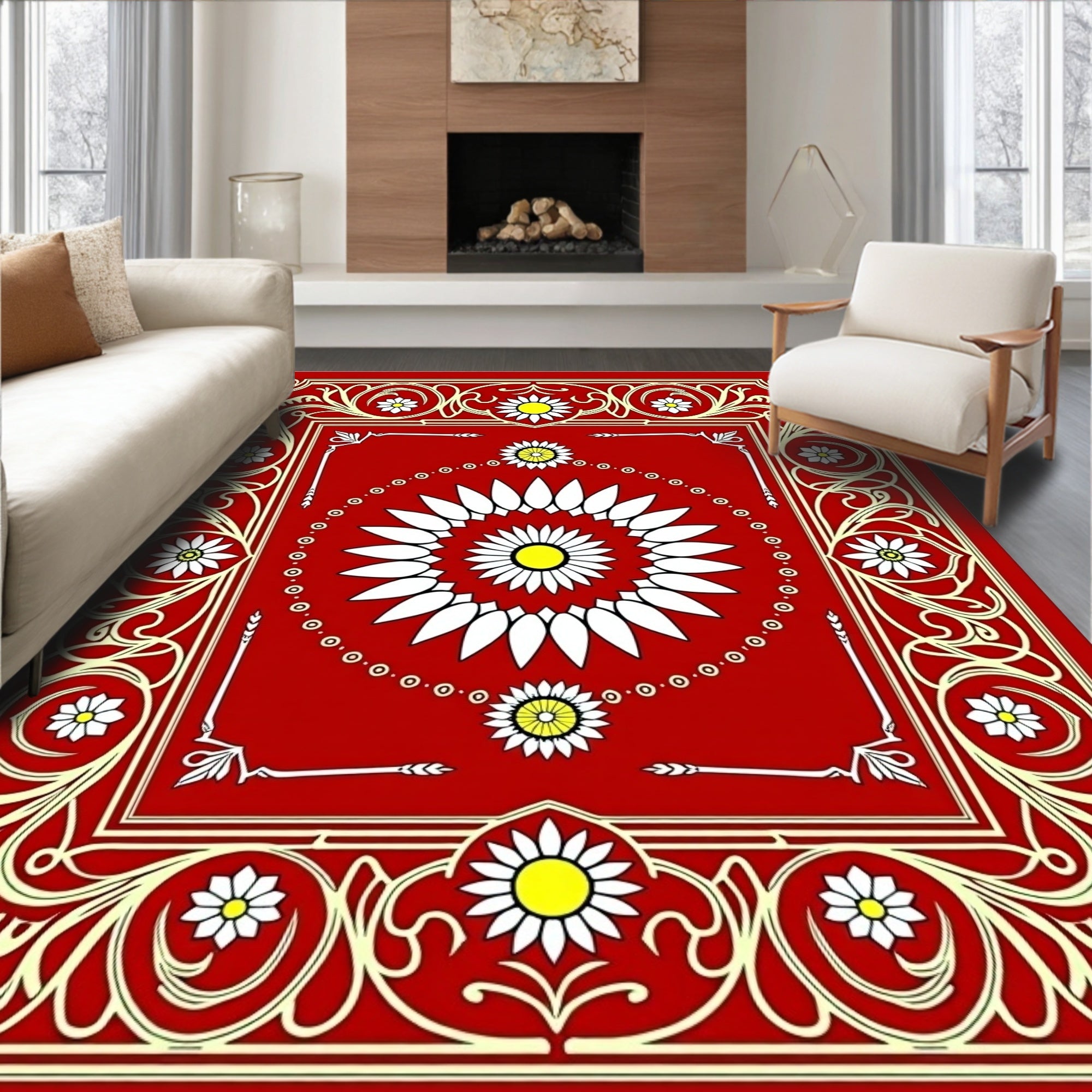 Crimson Floral Rays Medallion Rug