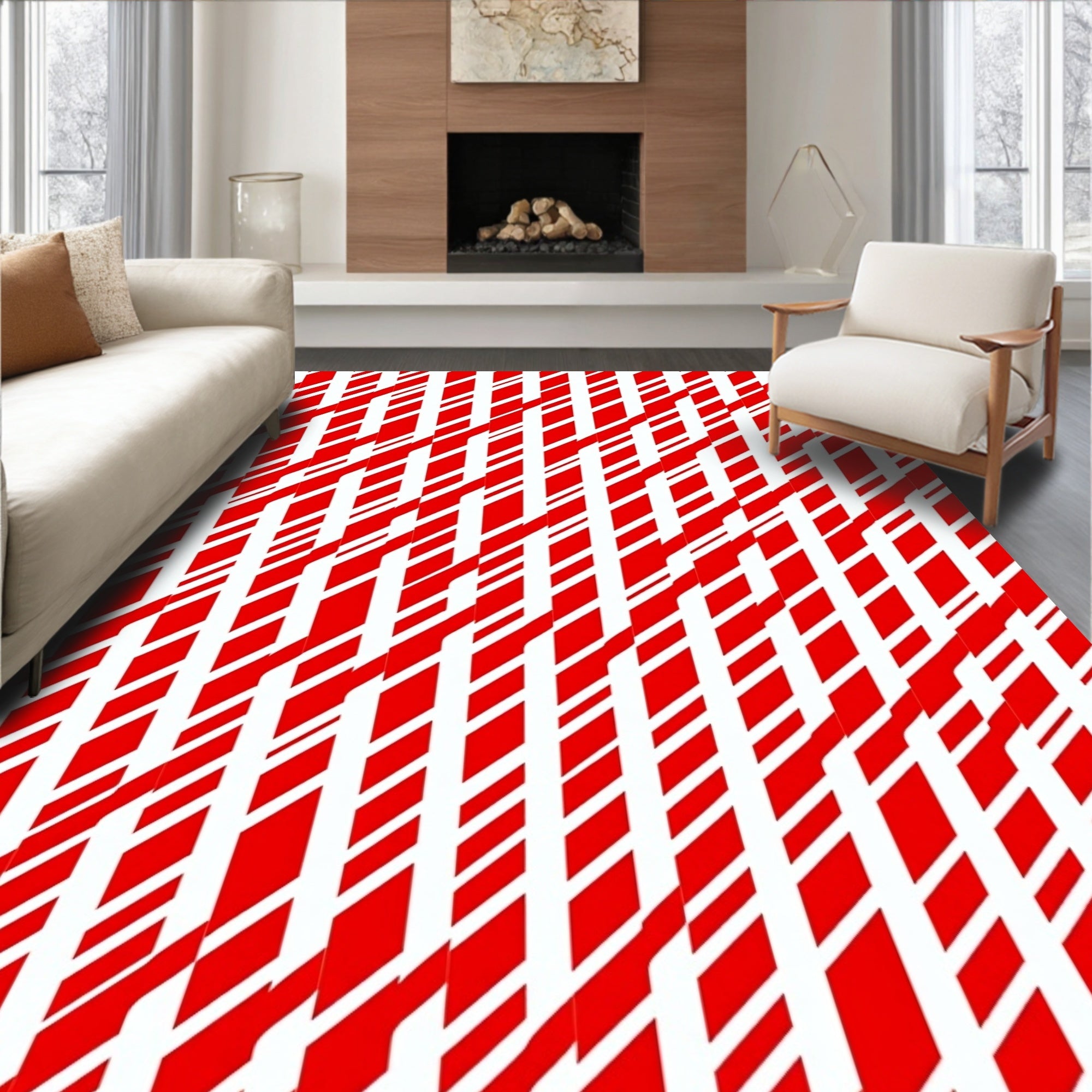 Crimson White Geometric Stripes Rug