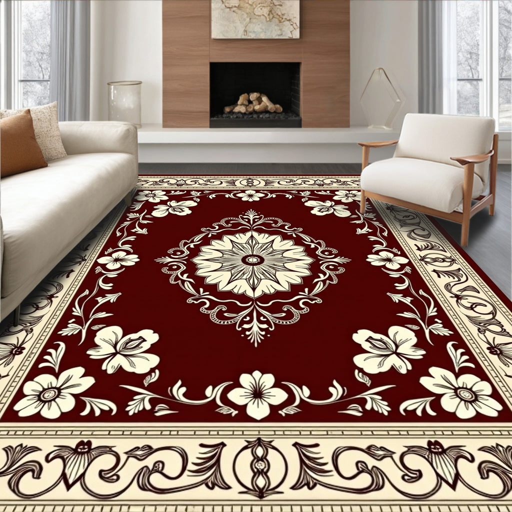 Rich Burgundy Floral Medallion Border Rug