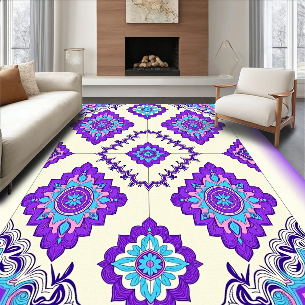 Vibrant Purple Blue Floral Medallion Rug