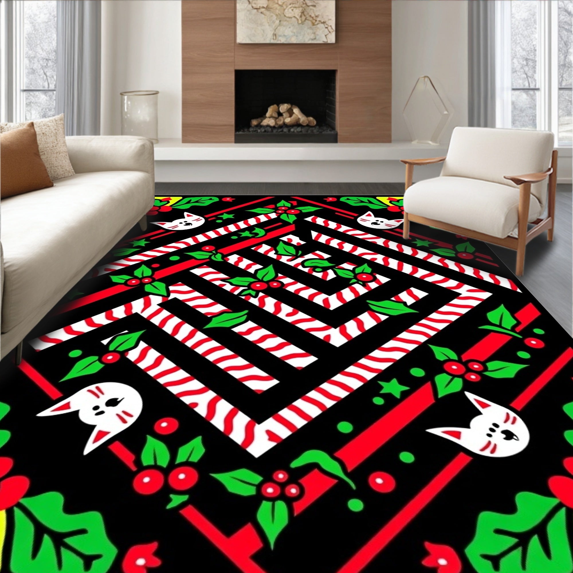 Cute White Cat Candy Cane Holly Rug