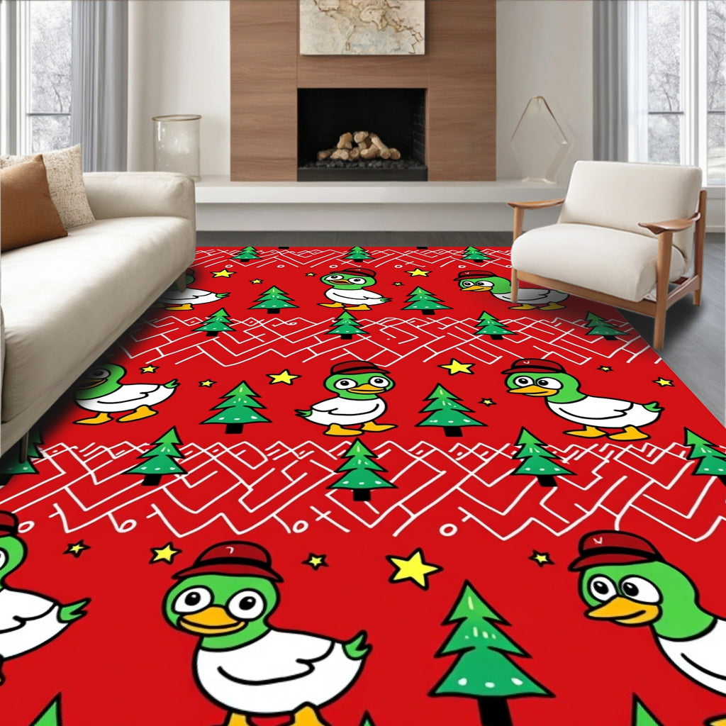 Cute Green Ducklings Christmas Trees Rug