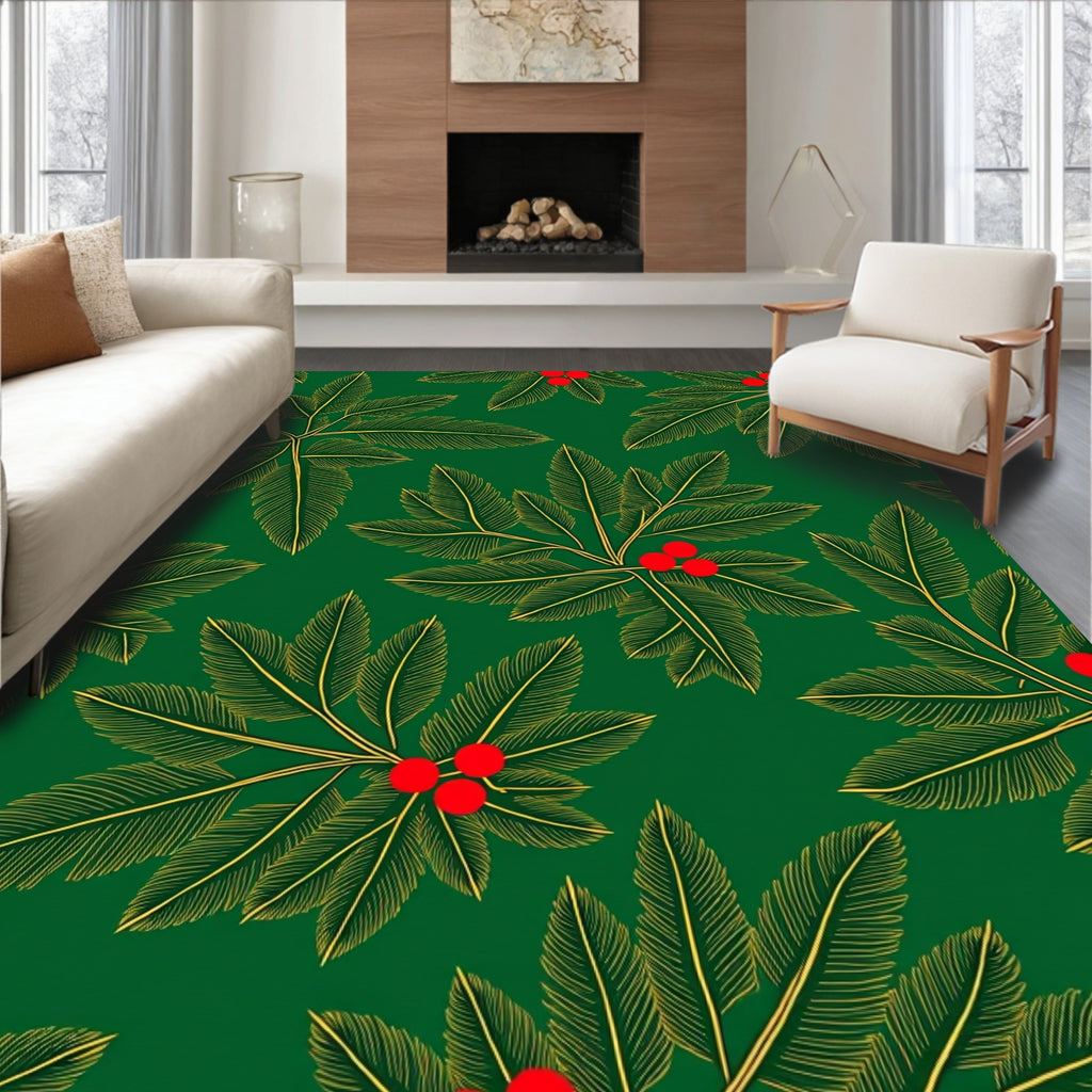 Emerald Green Festive Holly Berries Rug