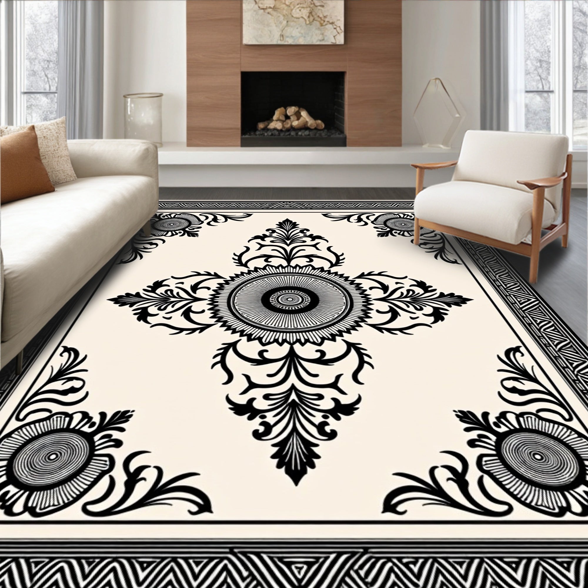 Black and Ivory Floral Crest Medallion Rug