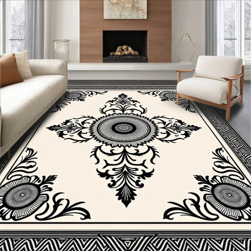 Black and Ivory Floral Crest Medallion Rug