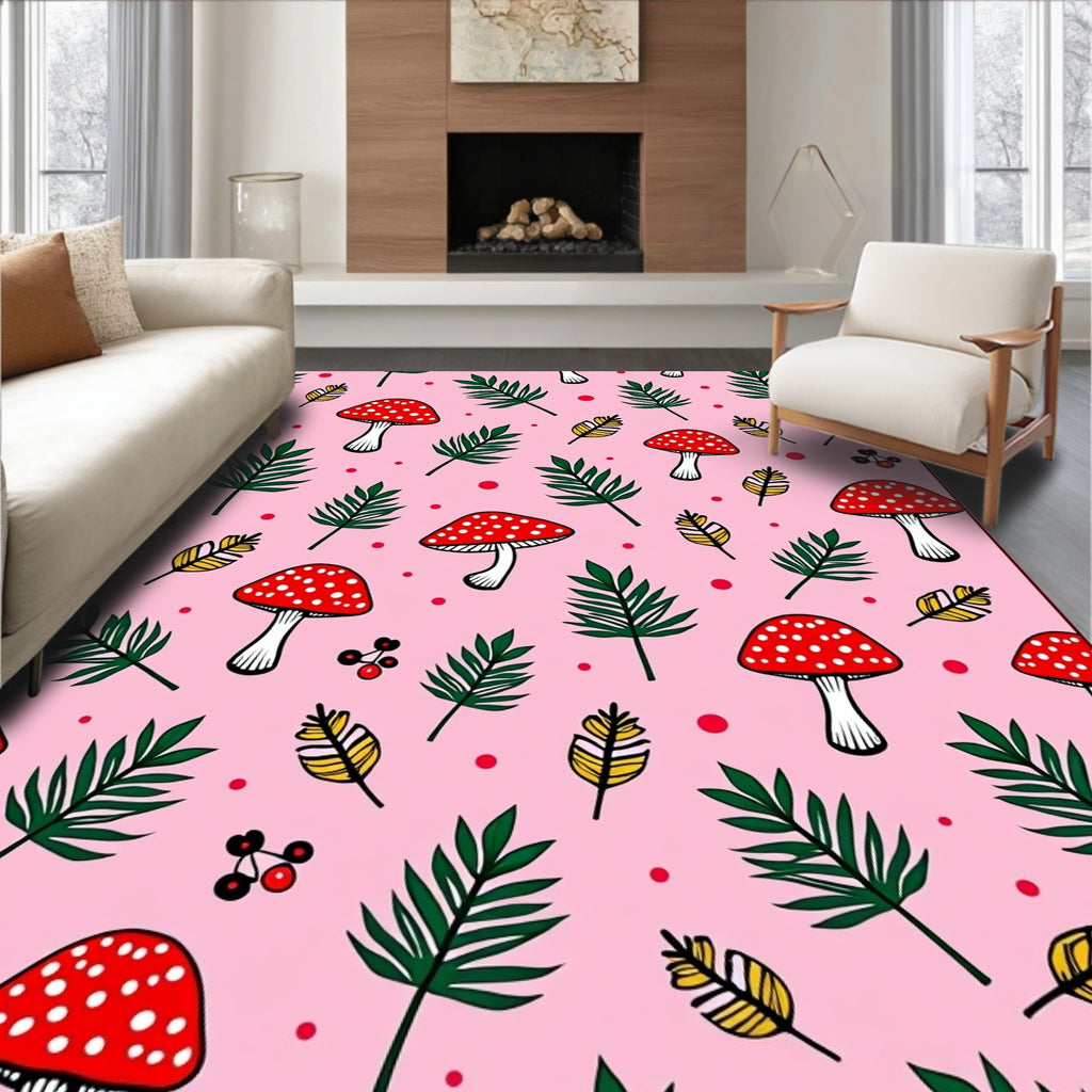 Whimsical Red Mushroom Fern Pink Rug